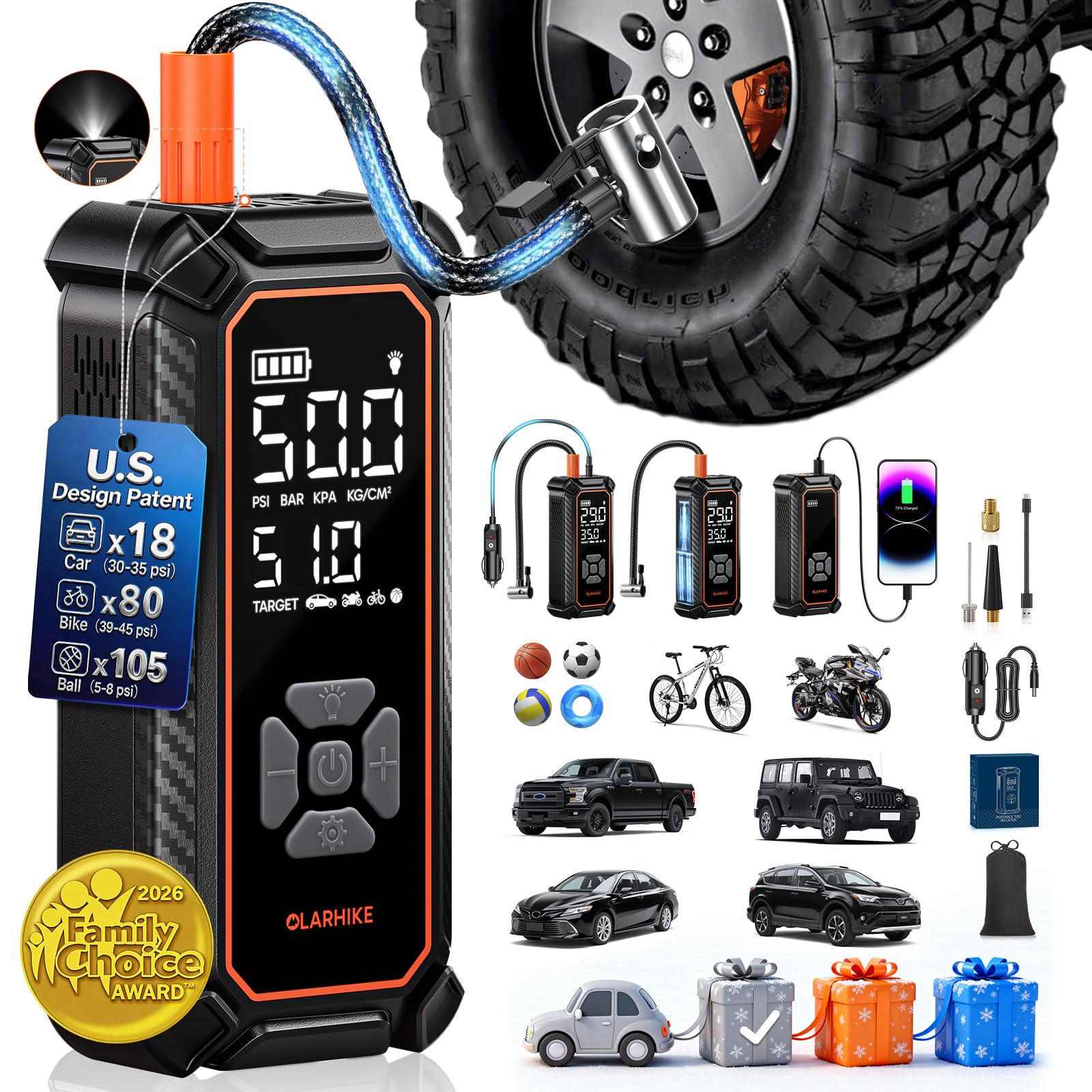 OlarHike Tire Inflator Portable Air Compressor, Dual Power-3 * 2000mAh & 12V DC