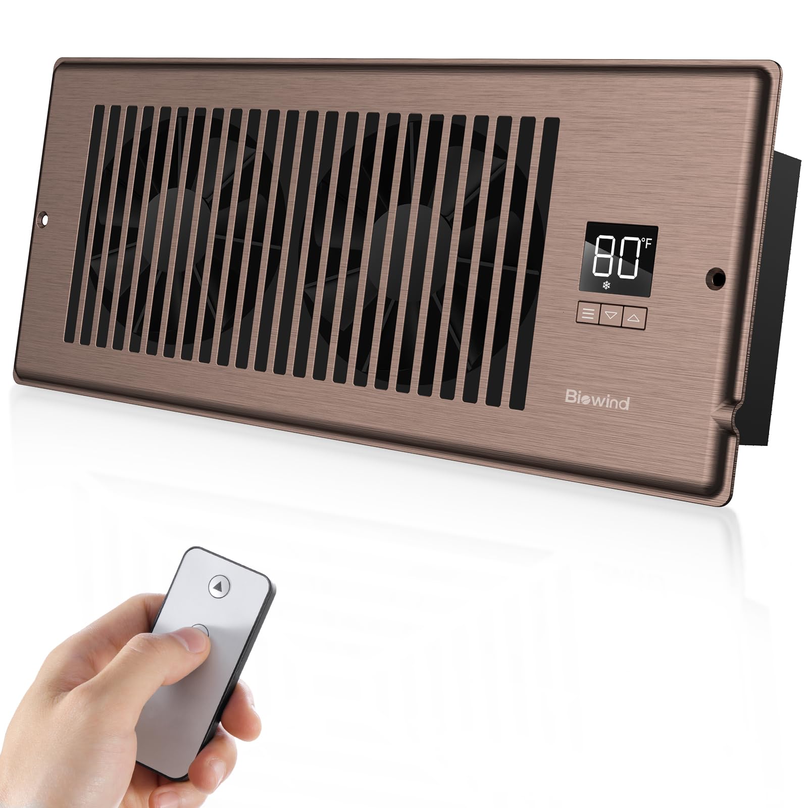 BIOWIND Quiet Register Booster Fan Fits 4" x 12" Register Holes, 10-Speed Smart Heating Cooling AC Vent Fan with Remote Control and Thermostat Control - Bronze