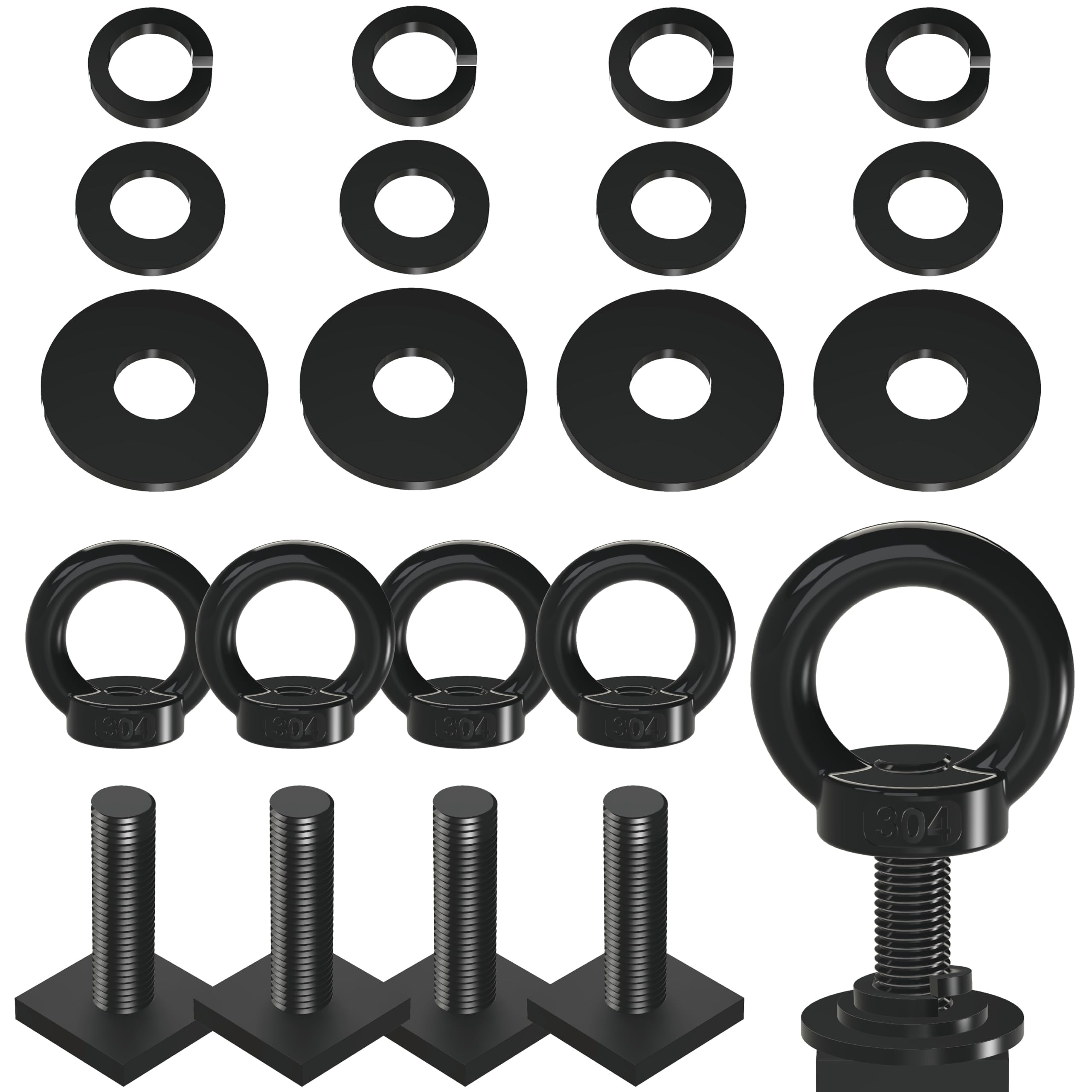 NACETURE M8 T Track Bolts Eye Bolt Tie Down Anchors, Stainless Steel 304 T Slot Hardware with Ring, Heavy Duty Roof Rack Accessories for Cargo Tie Down, Truck Bed (Black M8 30mm 4 Pack)