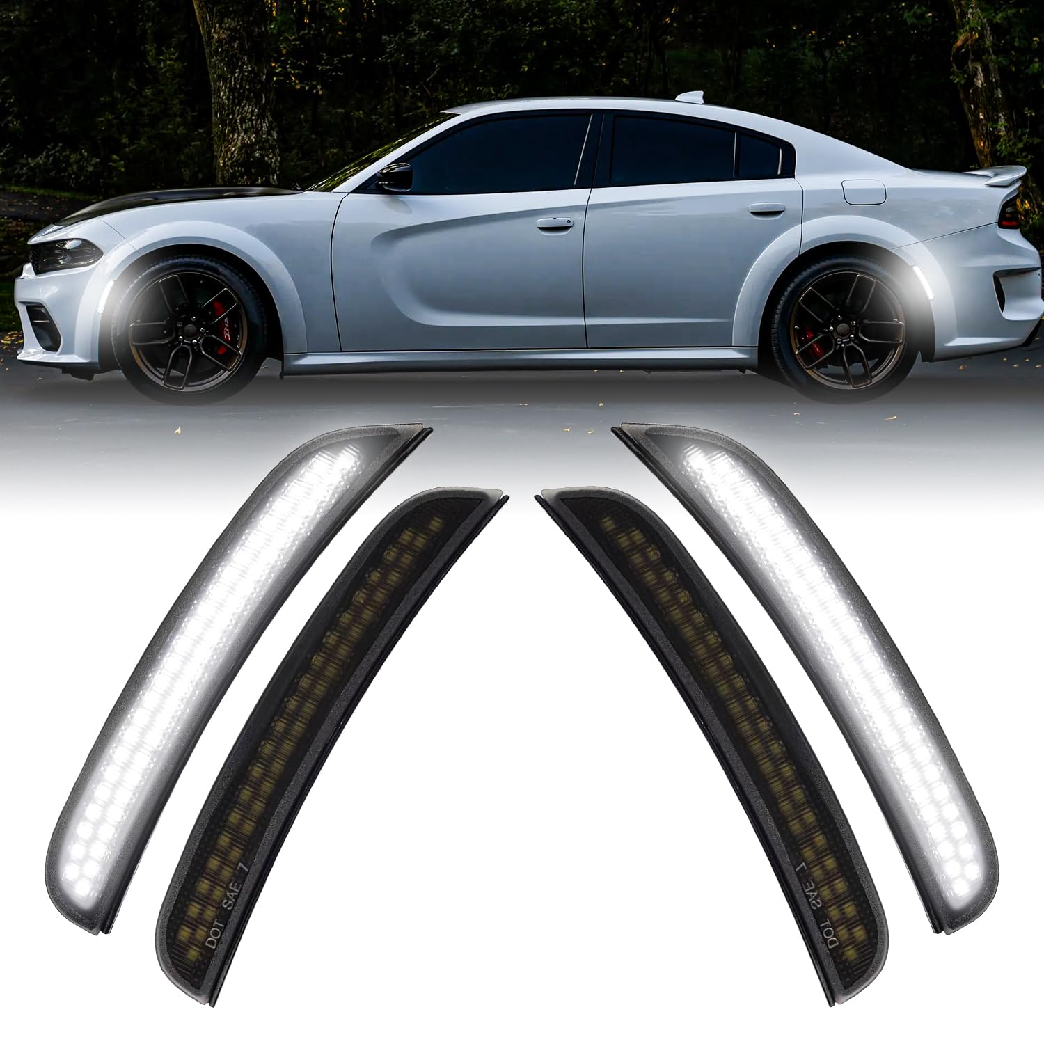 DouMmantn Side Marker Lights for Charger 2015-2023, Front & Rear Fender Light for Charger SXT, for Scatpack, for SRT Hellcat, LED White Parking Light, Bumper Marker Lamps, Smoked Len, 4PCS