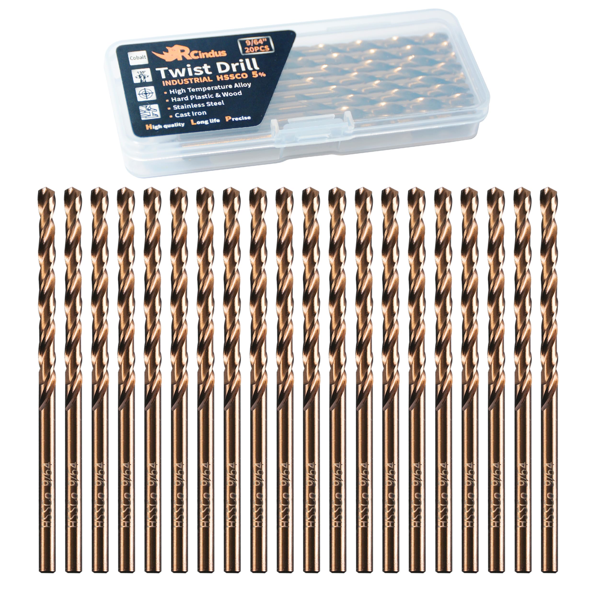 RCINDUS (20PCS) 9/64" Cobalt Drill Bit, HSS M35 Metal Drill Bits for Steel, Stainless Steel, Cast Iron, Hard Plastic and Wood