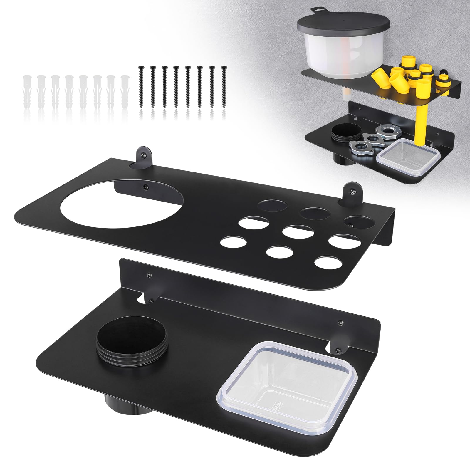 SKYJDM Coolant Funnel Kit Holder Storage Rack Includes 2 Plastic Removable Drip Cups, Wall Mount Fluid Drain Funnel Kit Organizer Bracket for Enclosed Race Trailers, Automotive Garage Shop, Black