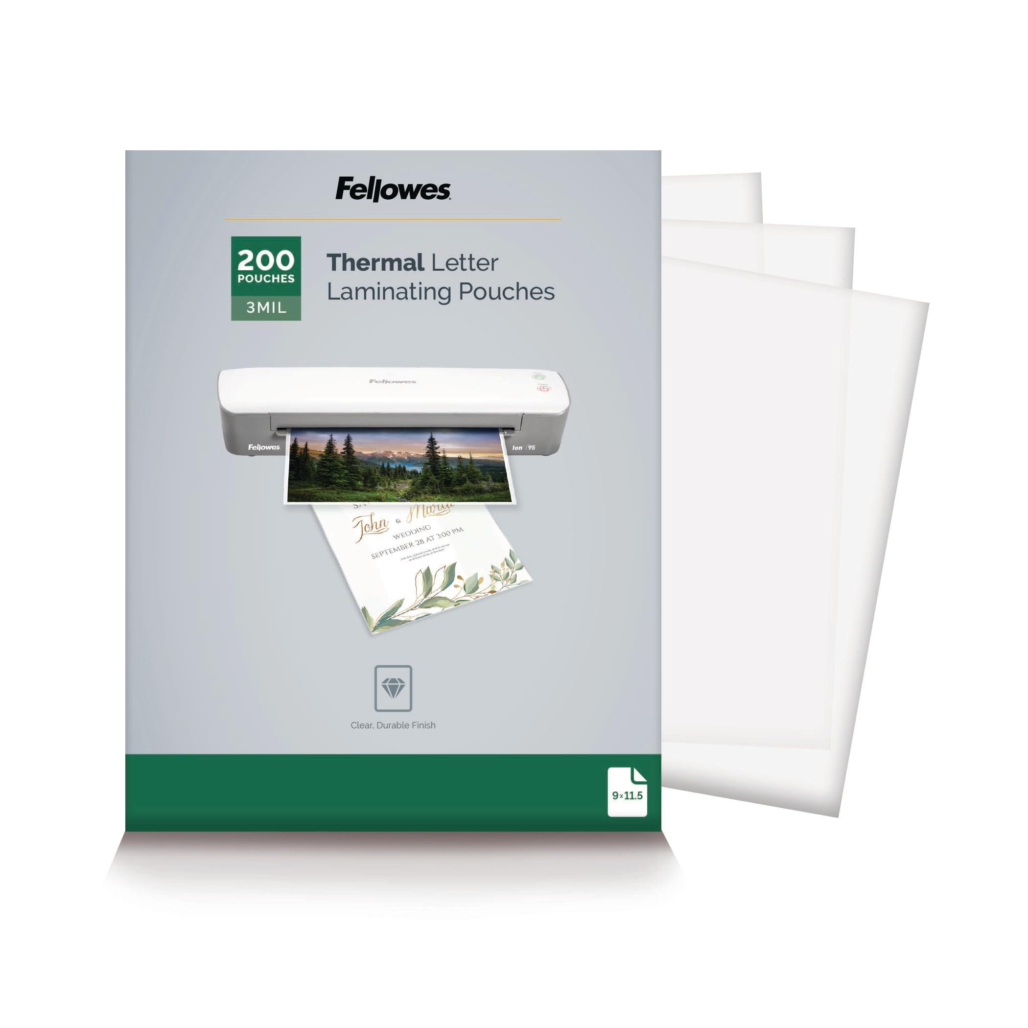 Fellowes Thermal Laminating Sheets, 3mil Letter Size Pouches, 9 x 11.5, 200 Pack, Clear (5743401)
