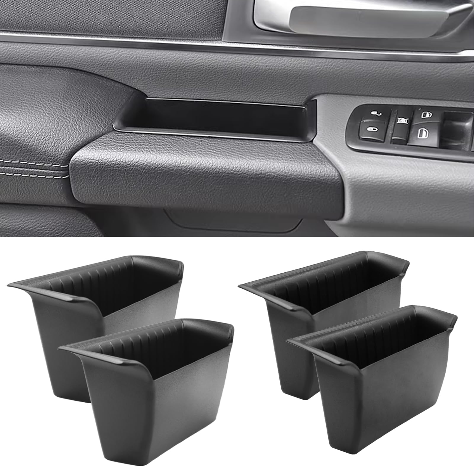 TTCR-II for Ram 1500 Door Side Organizer Tray 2019 2020 2021 2022 2023 2024 2025 2026, for Ram 1500 Door Pocket Insert 4 Pcs with White-Lines Mats (Does not fit 2500 3500)