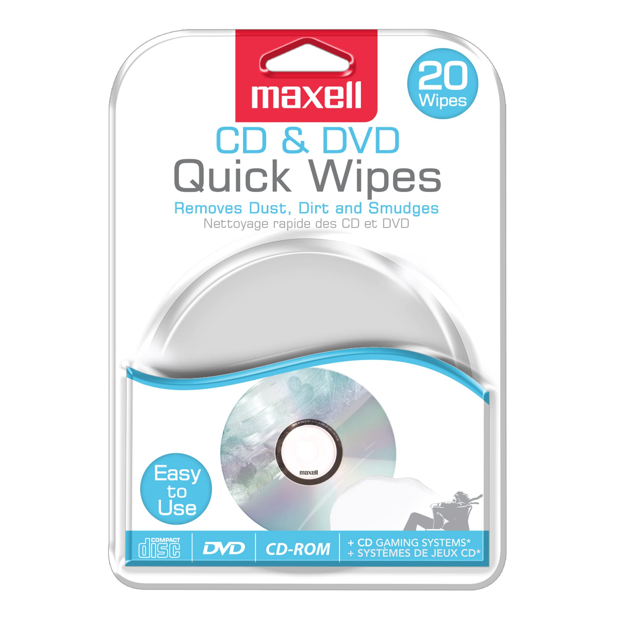 Maxell CD & DVD Quick Wipes, Removes Dirt & Smudges, 20 Pack