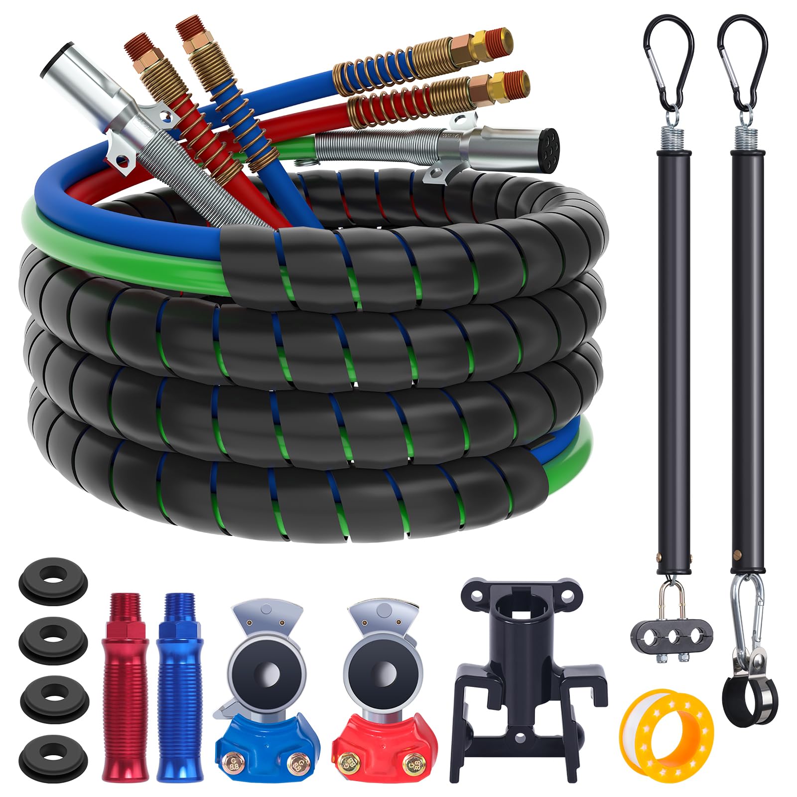 CheeMuii 15FT Semi Truck Air Line Kit with Gladhand Holder and Springs Kit Red & Blue Air Brake Hoses and 7 Way Trailer Cord 3-in-1 Air Lines Set for Semi Truck Trailer Tractor