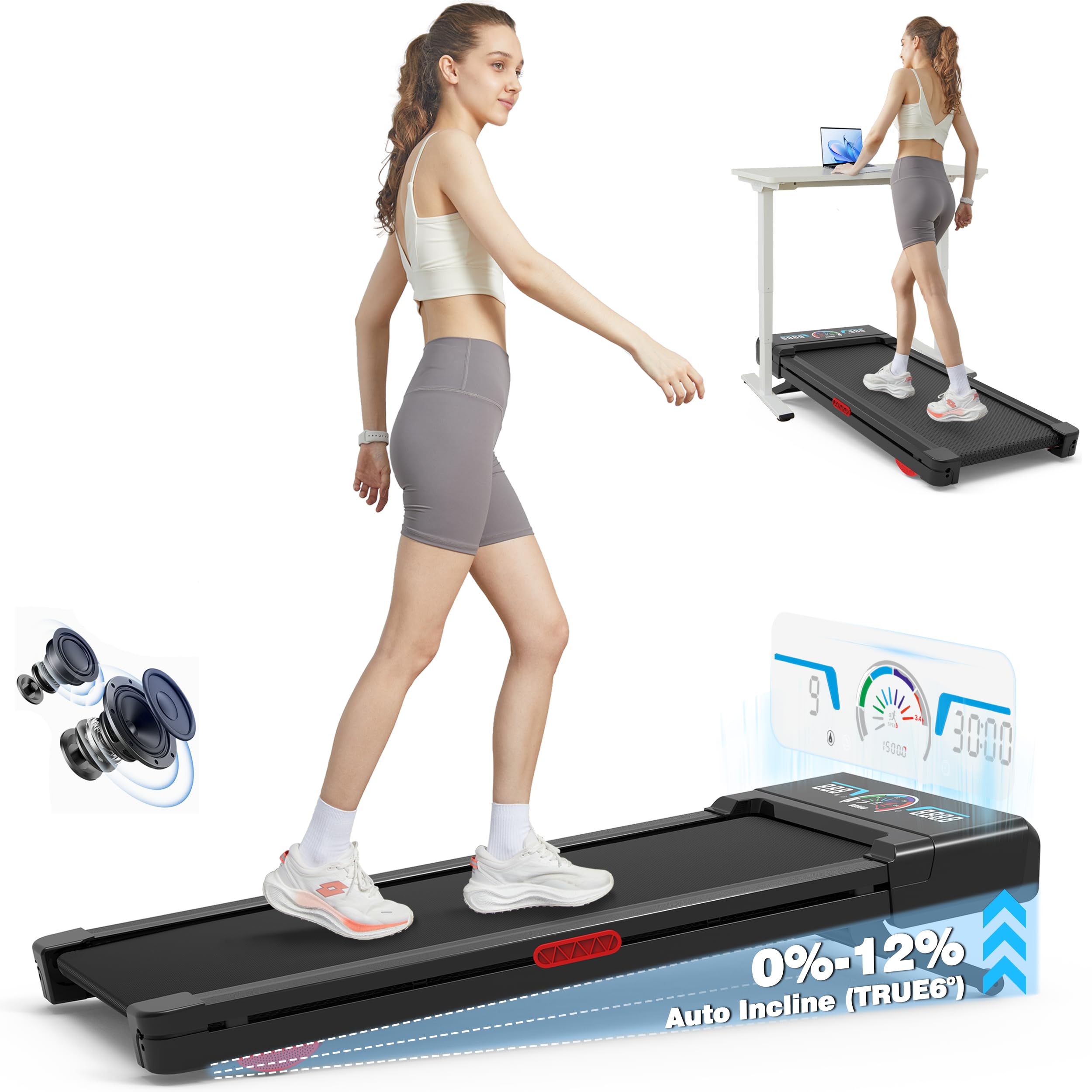 Walking Pad Treadmill 12% Auto Incline, Under Desk Treadmill, Black