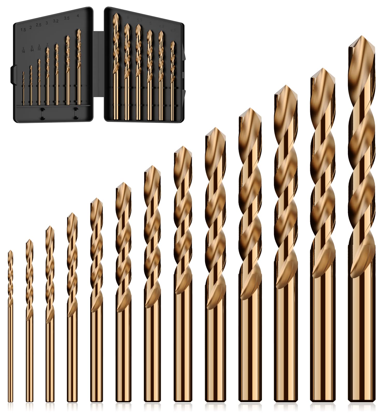 MACXCOIP 13Pcs(1/16"-1/4") Cobalt Drill Bit Set M35 HSS Jobber Length