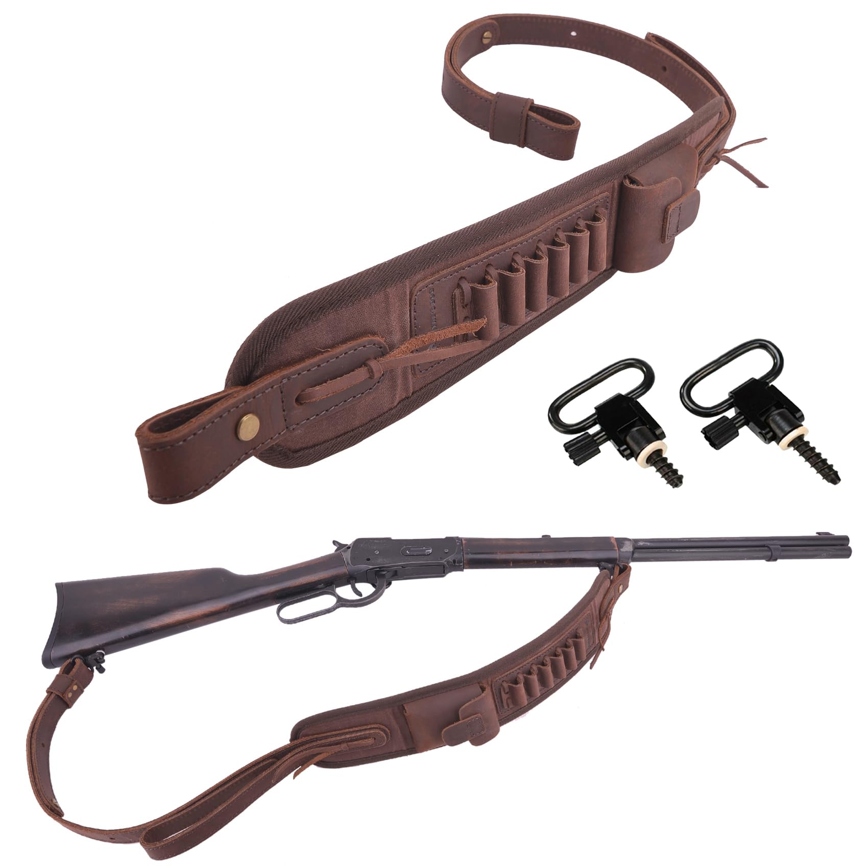 Leather Ammo Holder Rifle Sling Hunting Gun Strap for 30/30 .357 .45 .45-70 .22 12GA 20GA (Coffee with Swivels, .357 .30-30 .35 .38)
