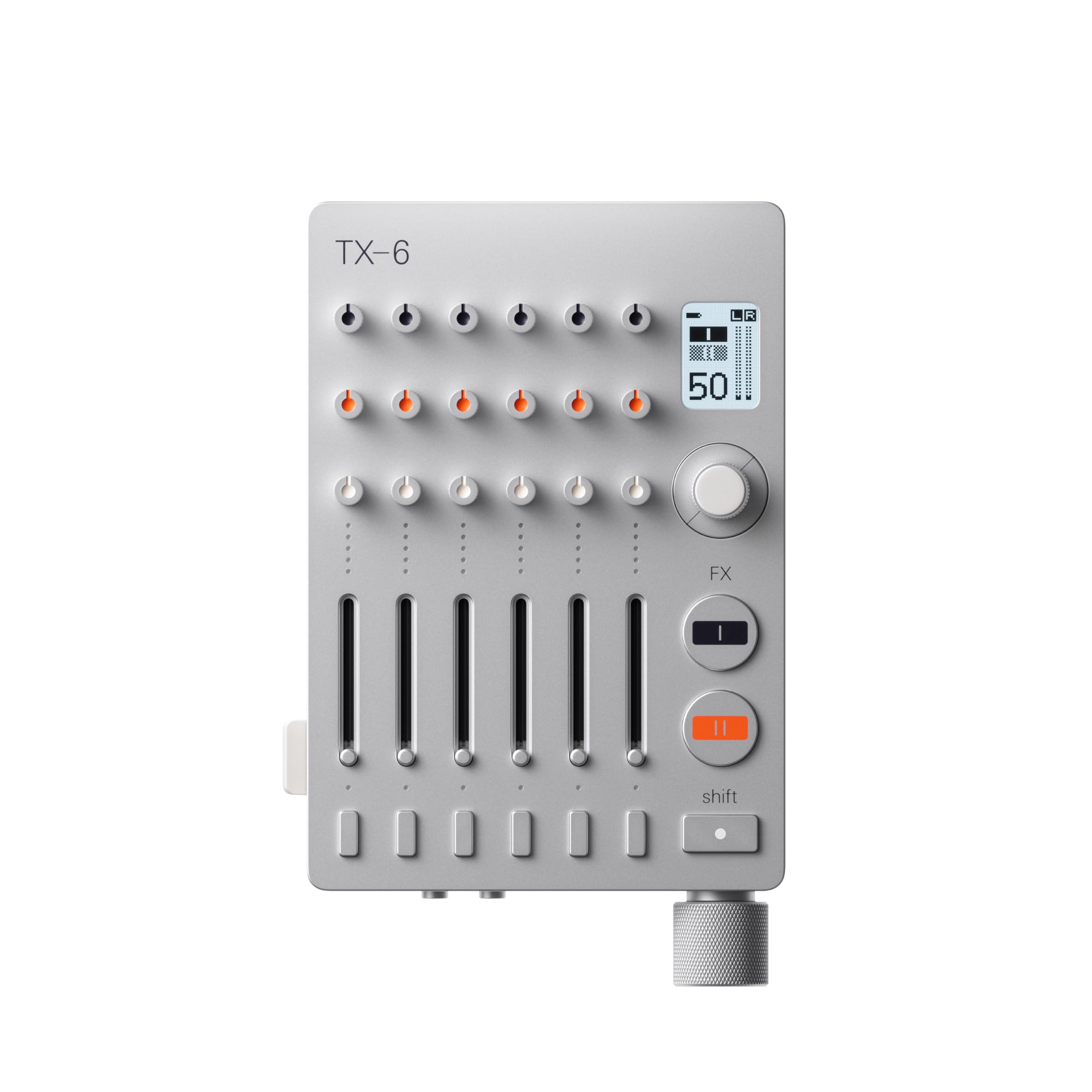 teenage engineering TX–6 portable and rechargeable 6 stereo channel mixer, usb audio interface and sound card, 8 hour battery life, built-in effects, ble and usb midi, iOS compatible
