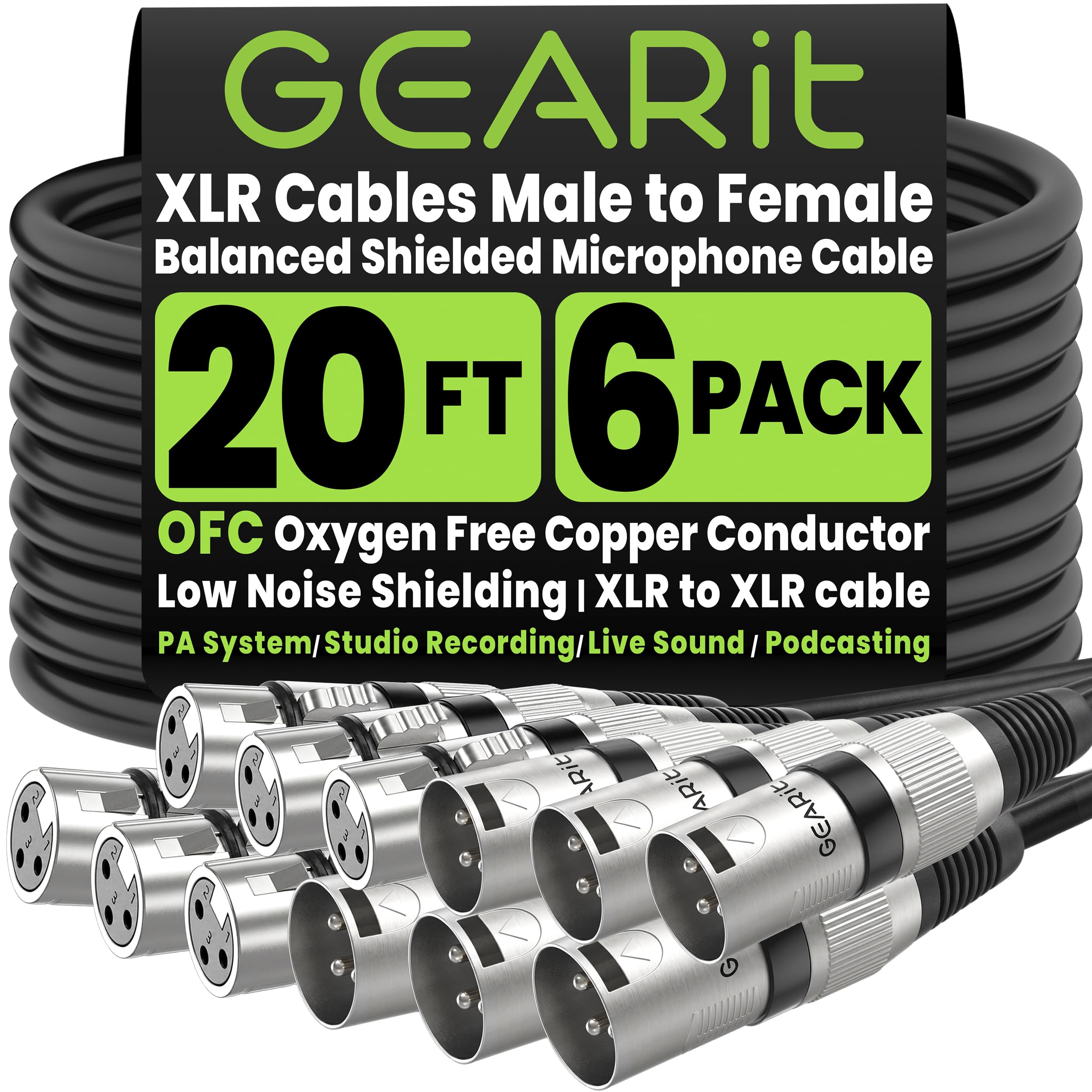 GEARit XLR Cables 20ft 6 Pack, XLR Cable Pack Male to Female, Balanced Shielded Microphone Cable with Copper Conductors for PA System, Studio Recording, Live Sound & Podcasting