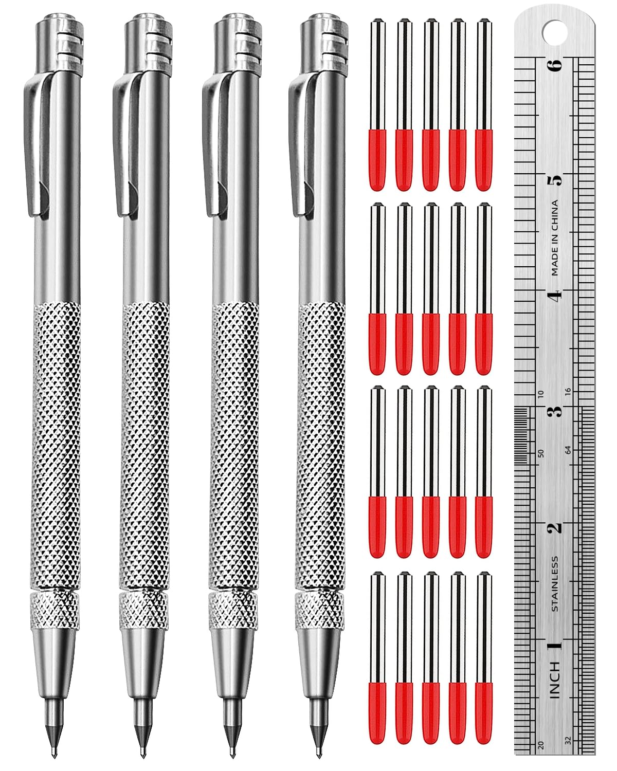 Tungsten Carbide Scriber, Knurled Aluminum Handle, 4-Pack with Bonus Marking Tips and Steel Ruler, Ideal for Detailed Crafting and Carving