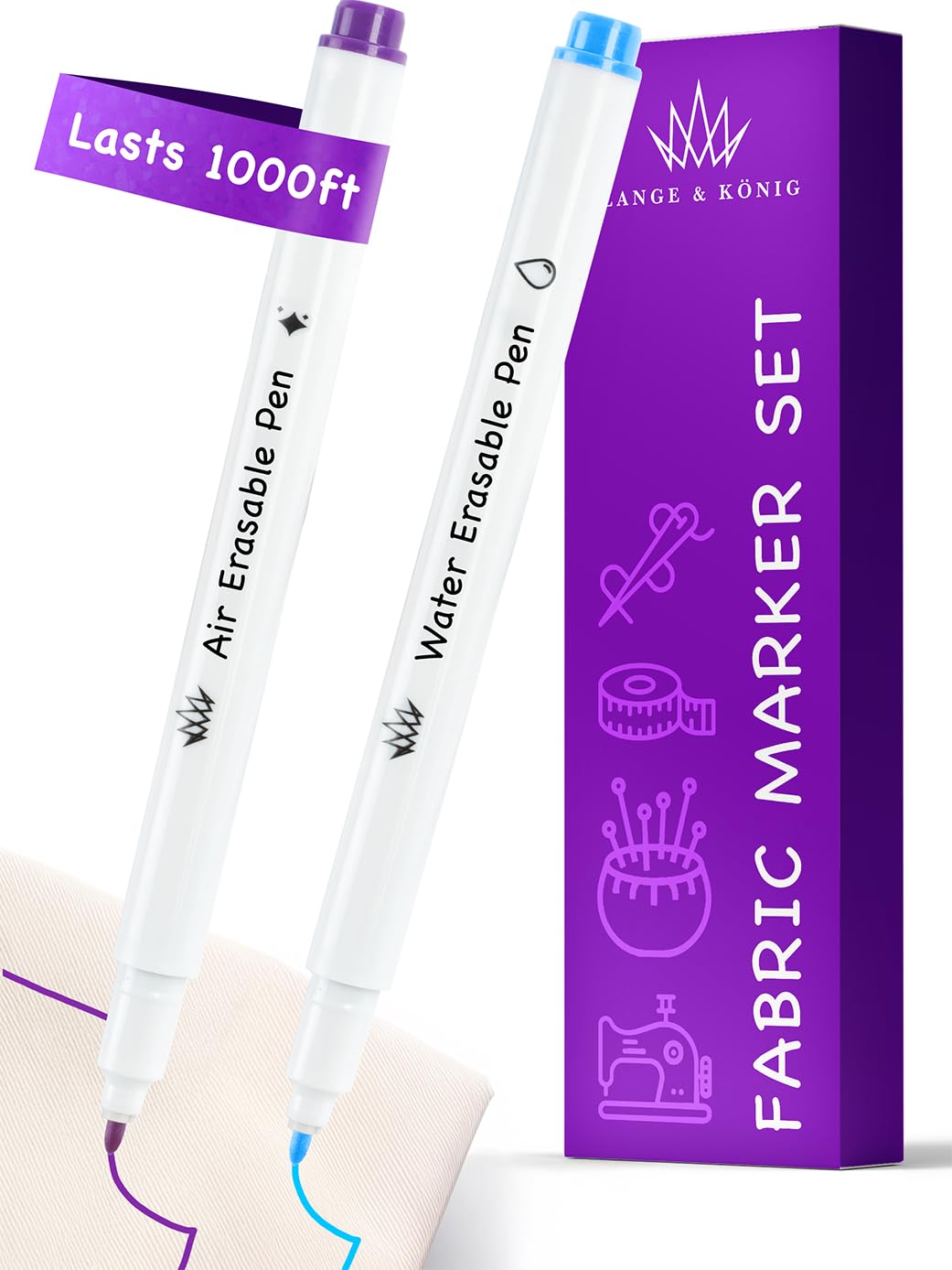 Lange & König Air & Water Erasable Fabric Markers for Sewing Products - Sewing Supplies Quilting Supplies Sewing Accessories Sewing Gifts Quilting Gifts Embroidery Supplies, Tailors Chalk Alternative