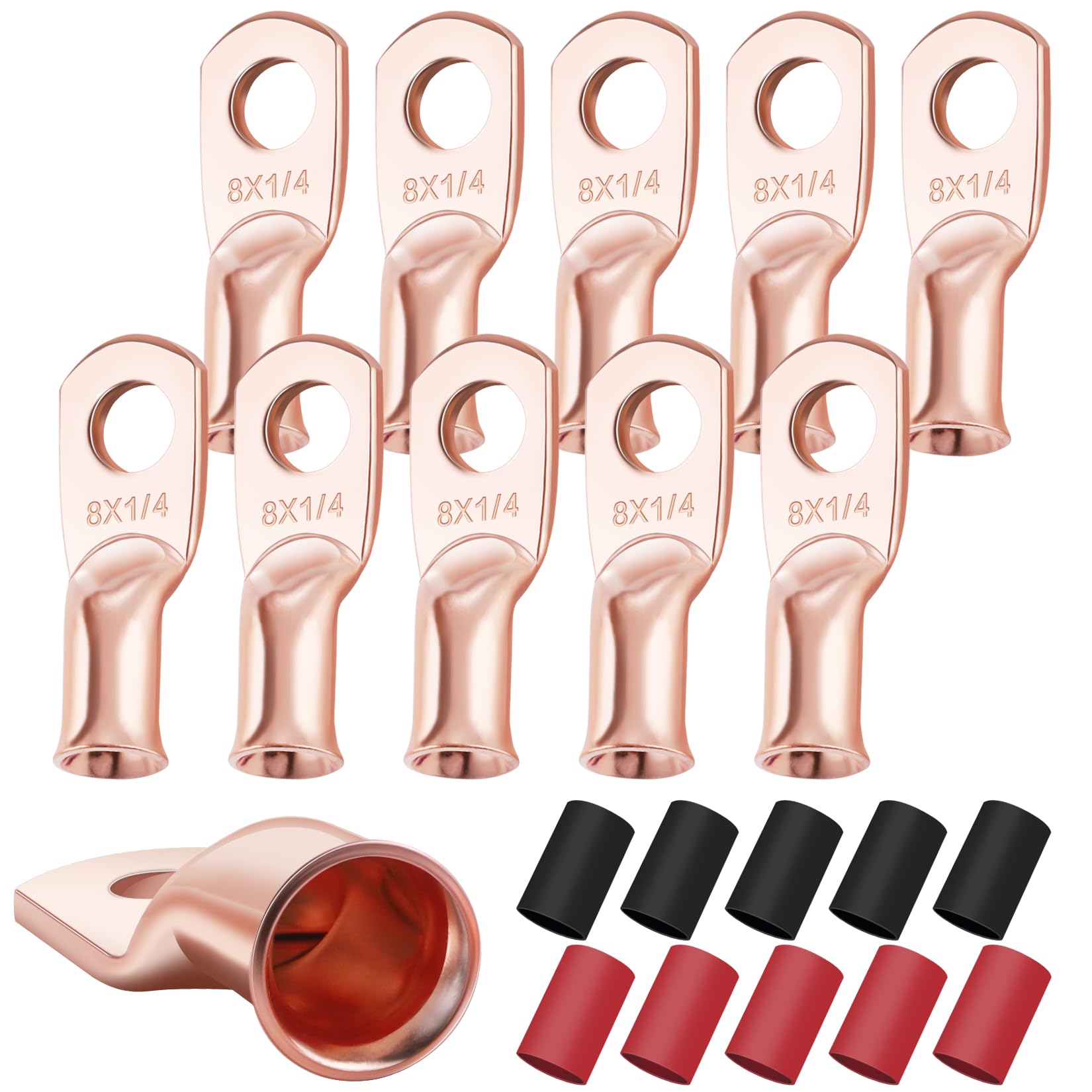 XHF 10PCS 8 AWG-1/4 Heavy Duty Battery Lugs with 3:1 Heat Shrink Tubing(UL Listed), Ring Terminals Battery Cable Ends Copper Eyelets Electrical Battery Connectors
