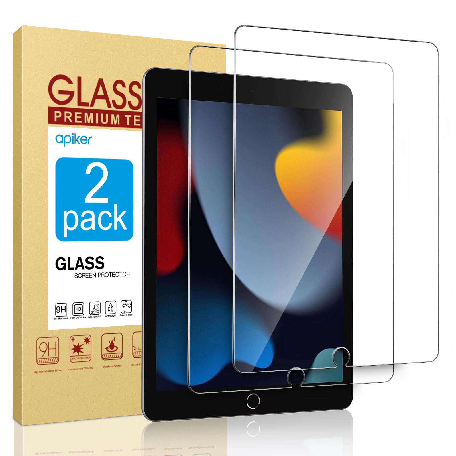 apiker 2 Pack Screen Protector for iPad 9th 8th 7th Generation 10.2 Inch, Tempered Glass Film for iPad 9 8 7 (2021/2020/2019), Case Friendly, Apple Pencil Compatible, High Response