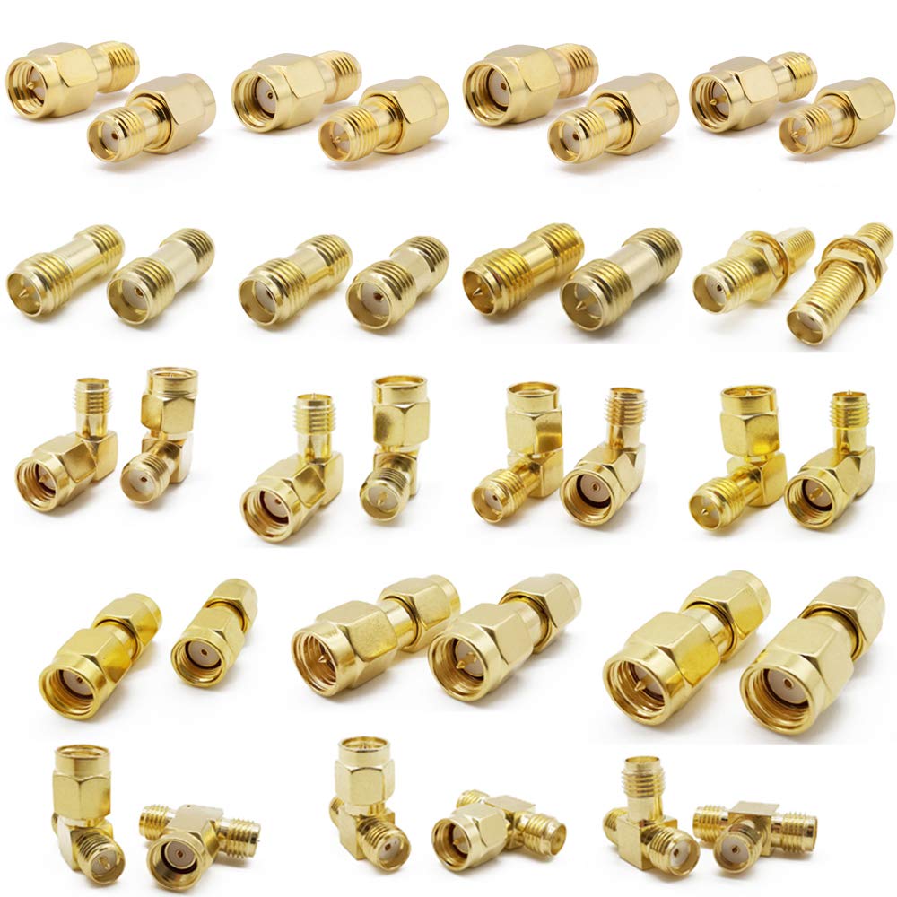 ALLiSHOP SMA Connectors kit 18 Type RP-SMA Adapter Plug and Jack Straight and 90° SMA Connector Goldplated Brass RF Coax Connectivity Set for FPV Antennas Radio Baofeng Yaesu IP Camera Project