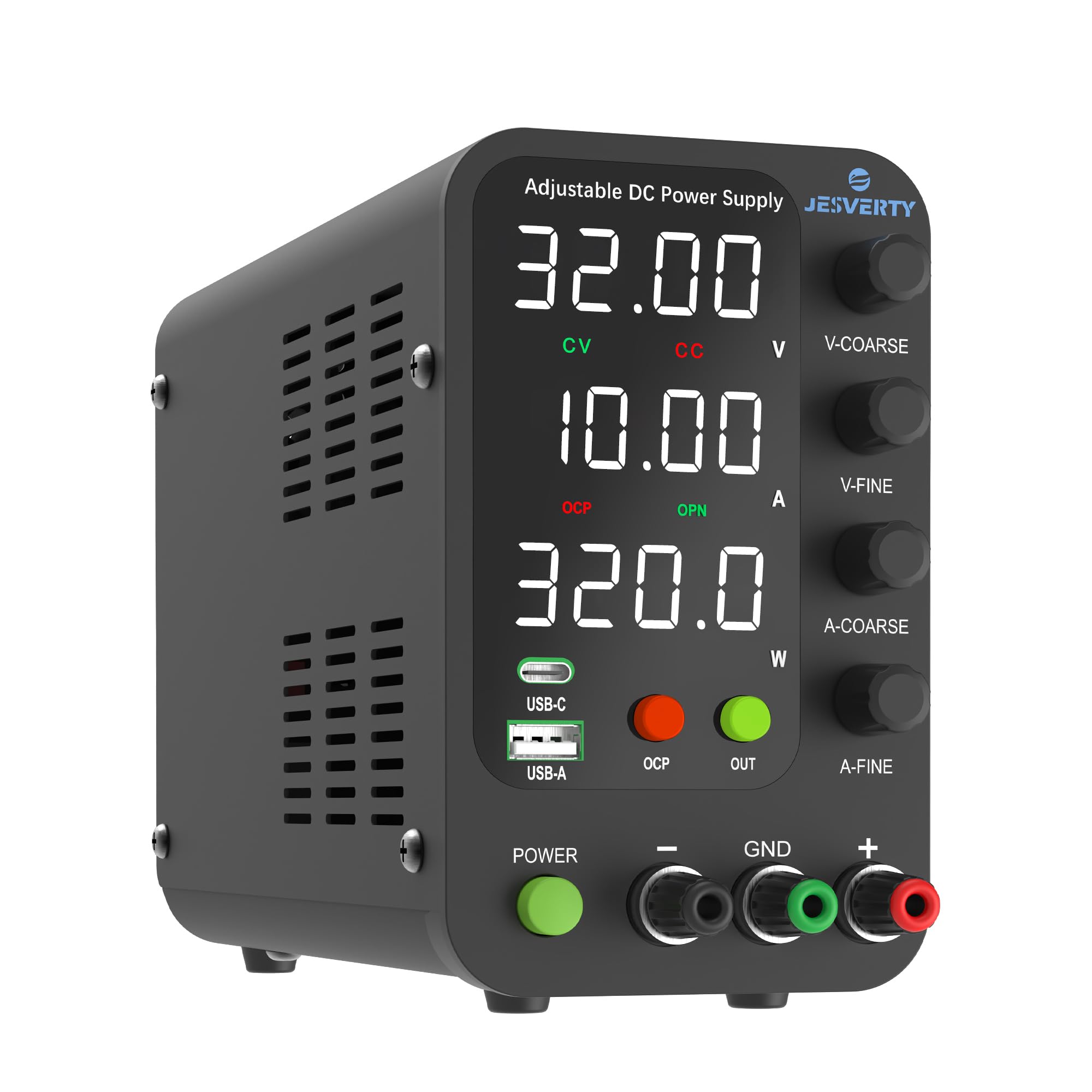 Jesverty DC Power Supply Variable, 0-32V 0-10A Switching Bench Power Supply with 20W USB & Type-C Quick-Charge, Encoder Corase & Fine Adjustment Knob, Output Switch, 4-Digit LED Display - SPS-3010V