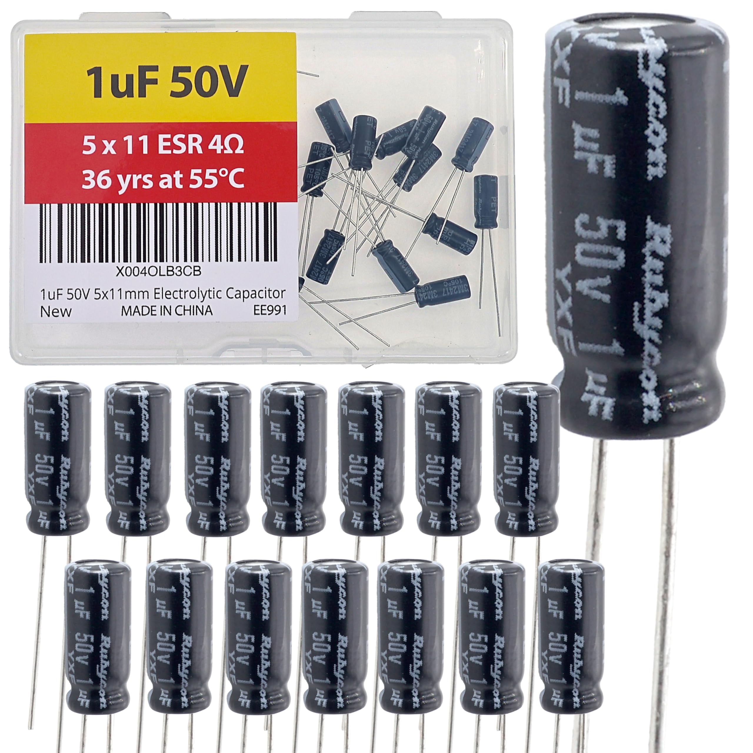 1uF 50V 5x11mm Rubycon Electrolytic Capacitor Low ESR 4Ω Long Life 36yrs at 55 Degree C mfd mircofarad Micro Farad C Radial Lead Aluminum Capacitors (Pack of 15)