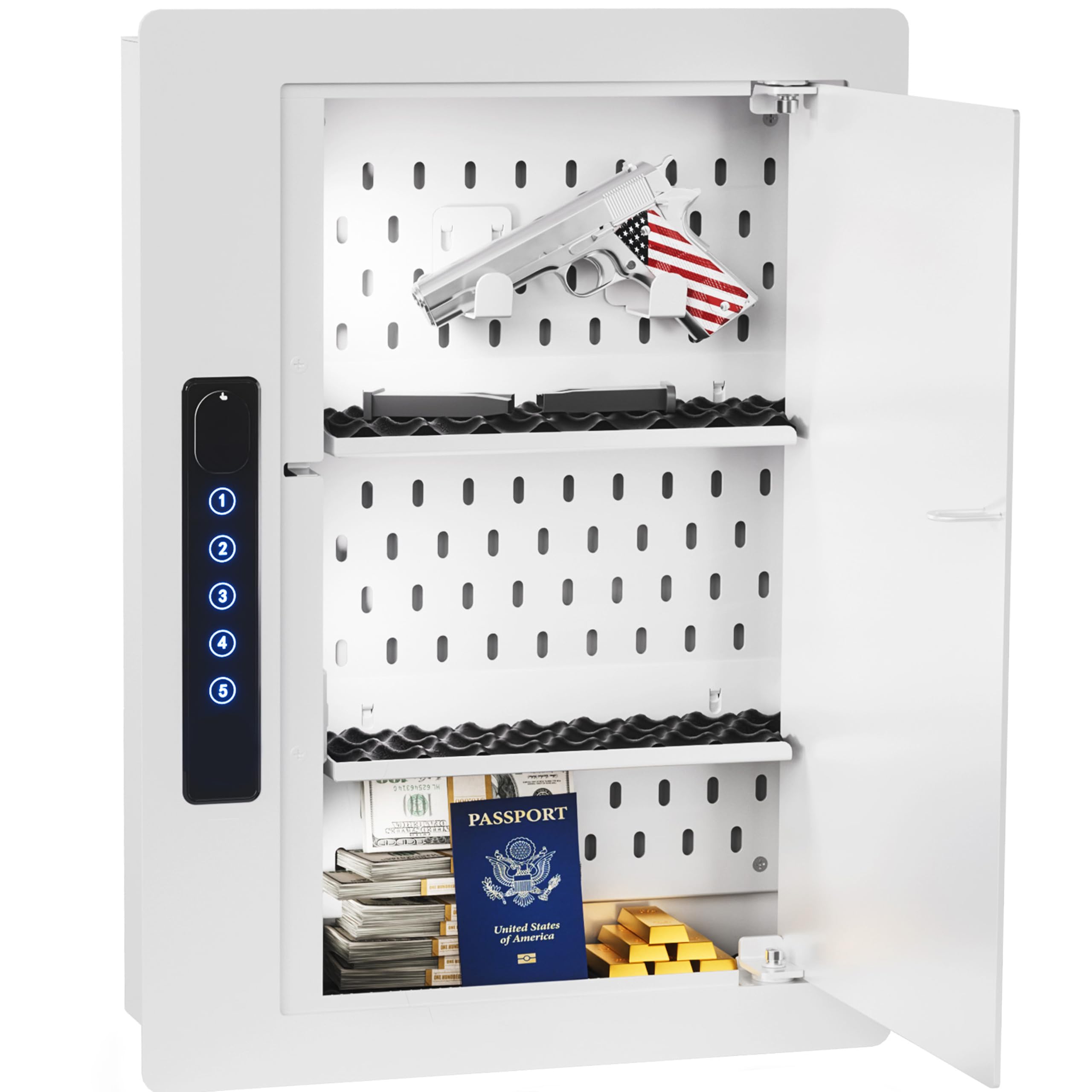 Grimtron Quick Access Electronic Wall Safe with Removable Pegboard & Shelfs
