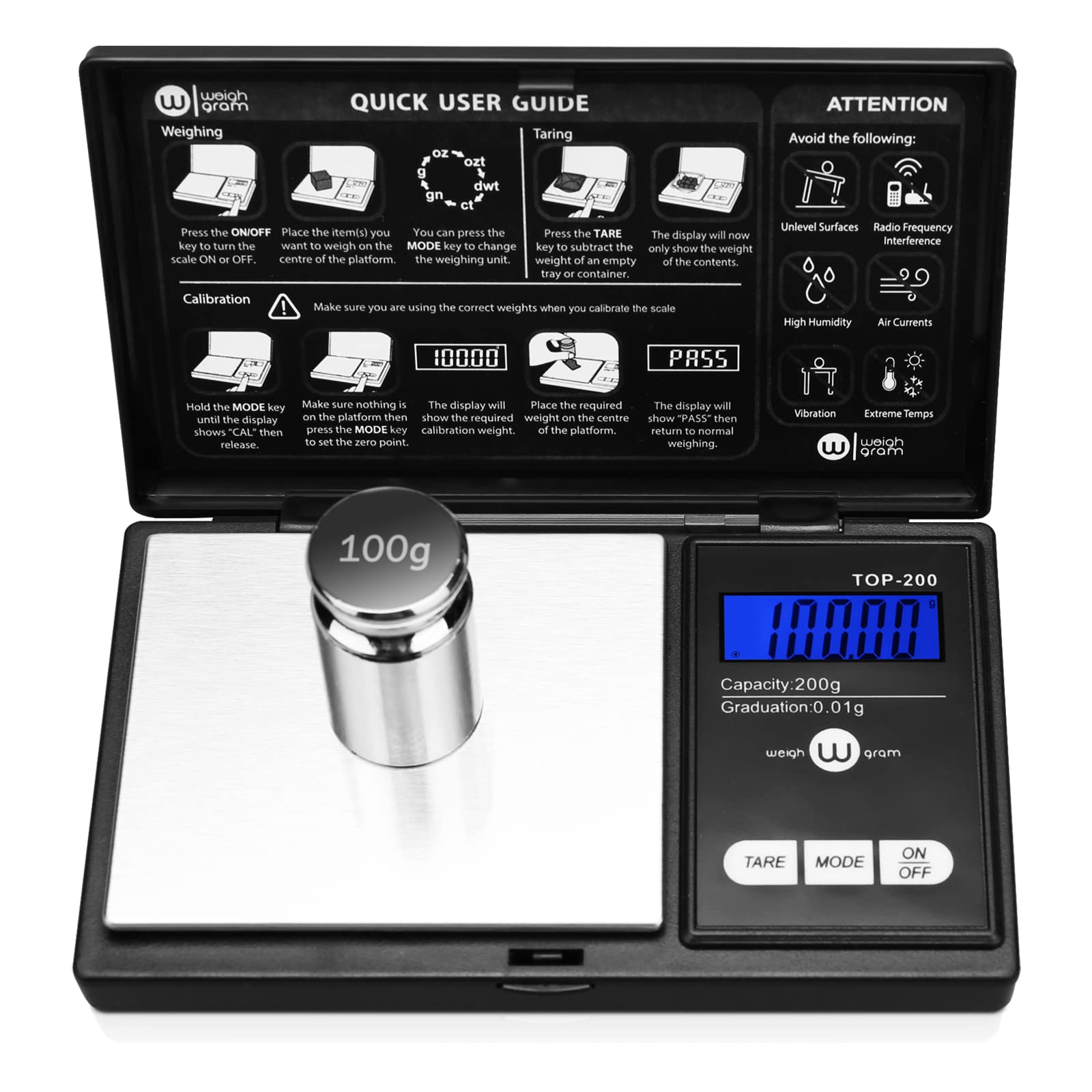 Digital Pocket Gram Scale 200g x 0.01g High Precision with 100g Calibration