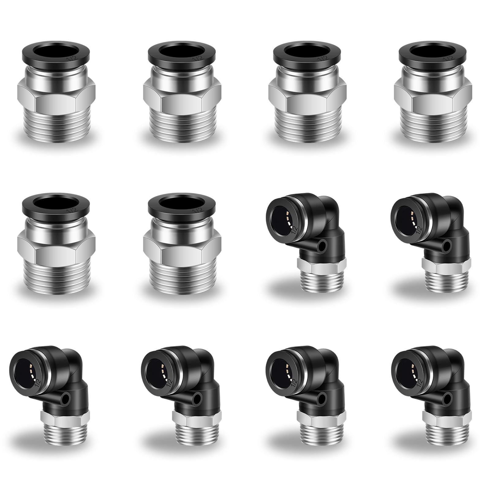 CNAODUN 12 Pcs Push to Connect Fittings 1/2 Inch Tube OD x 1/2 Inch NPT Thread Pneumatic Male Straight and Elbow Quick Connect Air line fittings