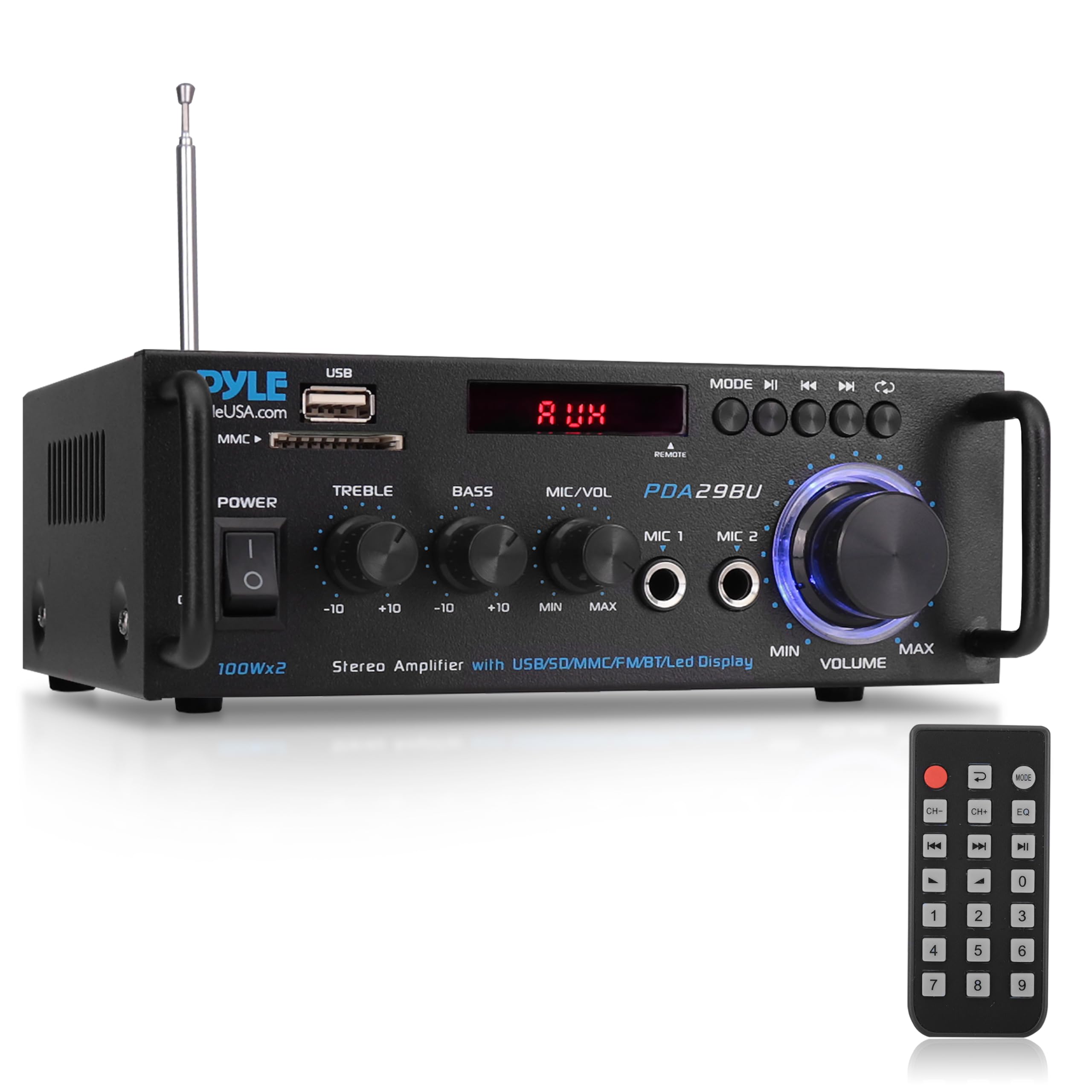 Pyle 200W Stereo Power Amplifier with Bluetooth - Dual Channel Audio Receiver - LED Display - RCA - USB - SD - MIC IN - FM Radio - AUX Input - Perfect for Home & Computer Audio - PDA29BU.5