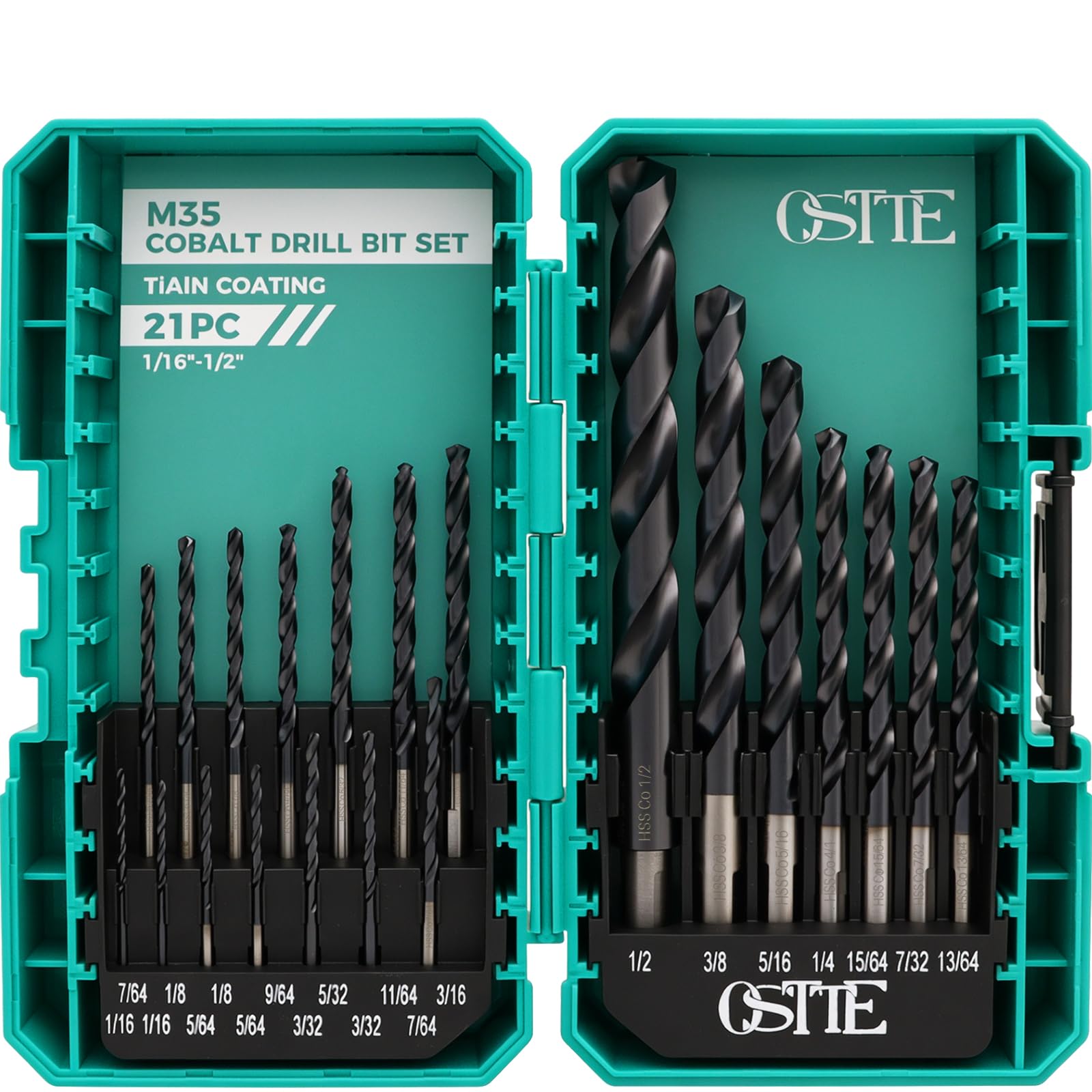 21Pcs M35 Cobalt Drill Bit Set (Pro), 1/16"-1/2", TiAlN Coat, 3-Flats Shank