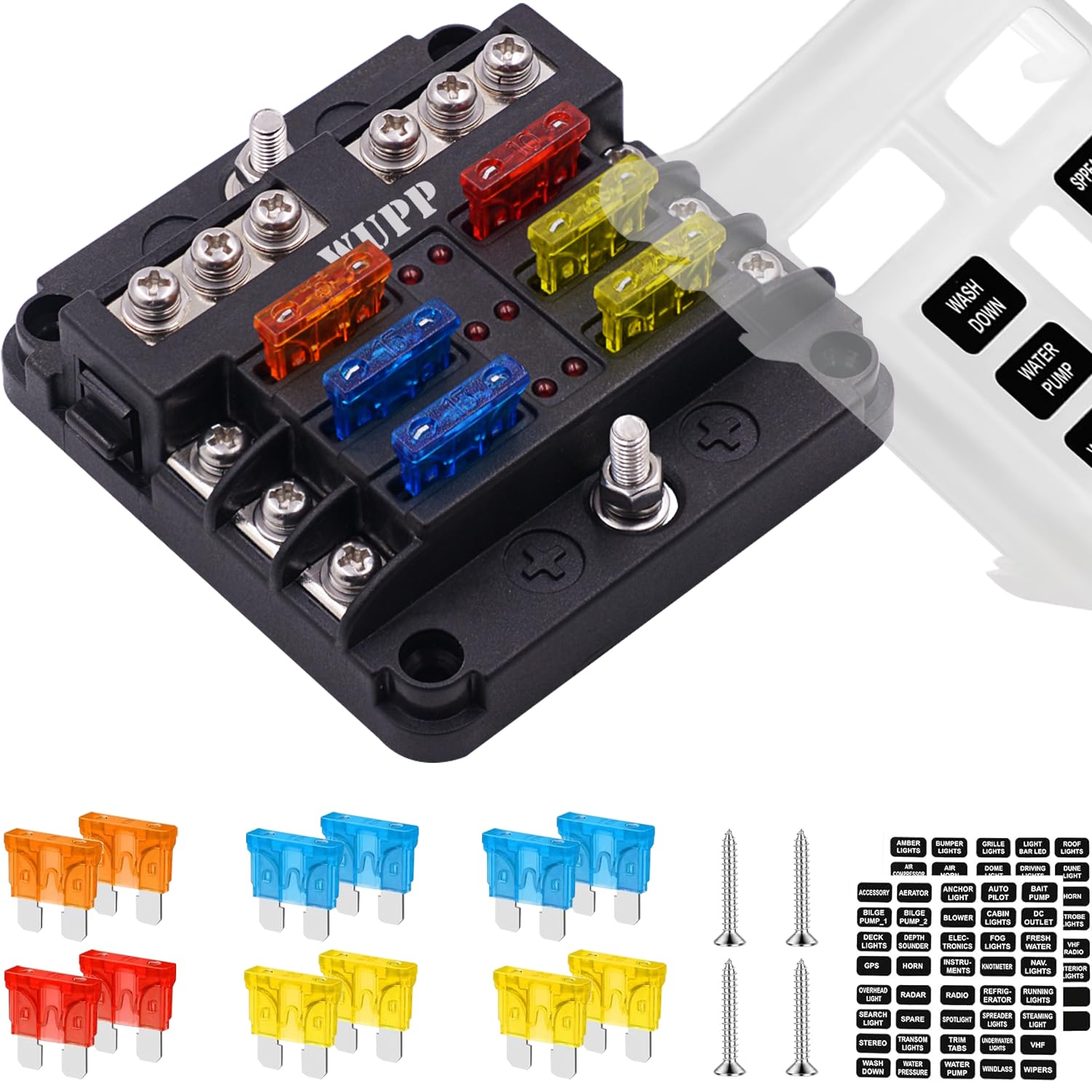 WUPP 12 Volt Fuse Block, Waterproof Boat Fuse Panel with LED Warning Indicator Damp-Proof Cover, 6 Circuits with Negative Bus Fuse Box for Car Marine RV Truck DC 12-24V