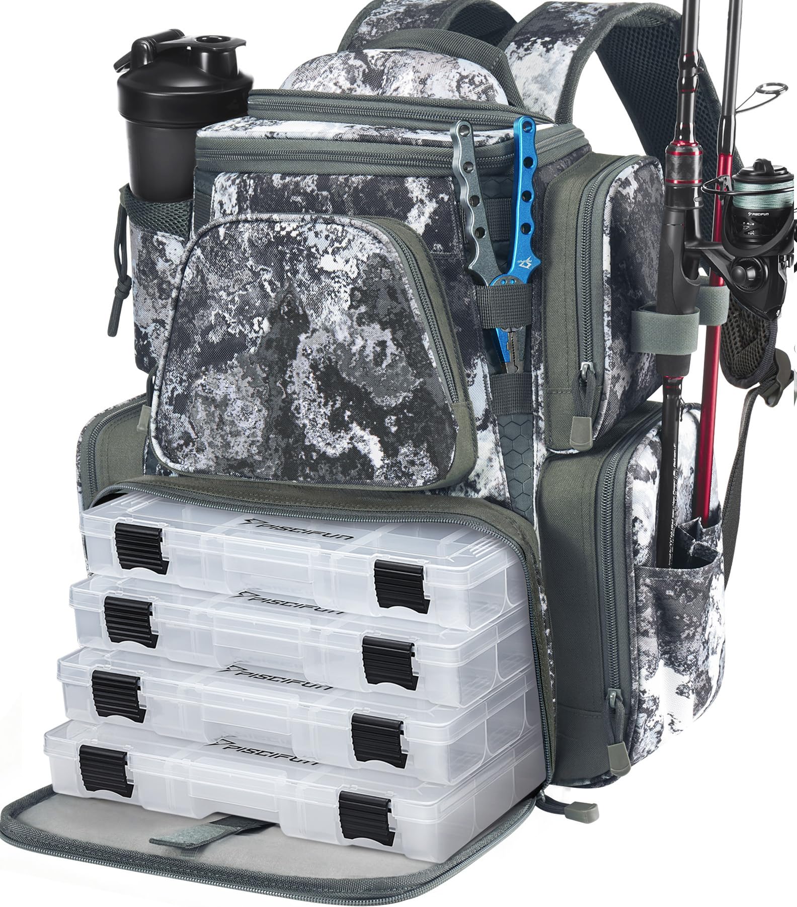 Piscifun Fishing Backpack with 2 Rod Holders, 4 Boxes & Rain Cover, VEIL