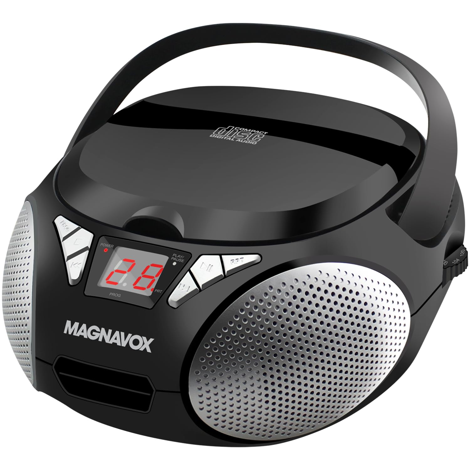 Magnavox Portable Top Loading CD Boombox with AM/FM Stereo Radio in Black | CD-R/CD-RW Compatible | LED Display | AUX Input | Programmable CD Player | 1.6 watts of Audio