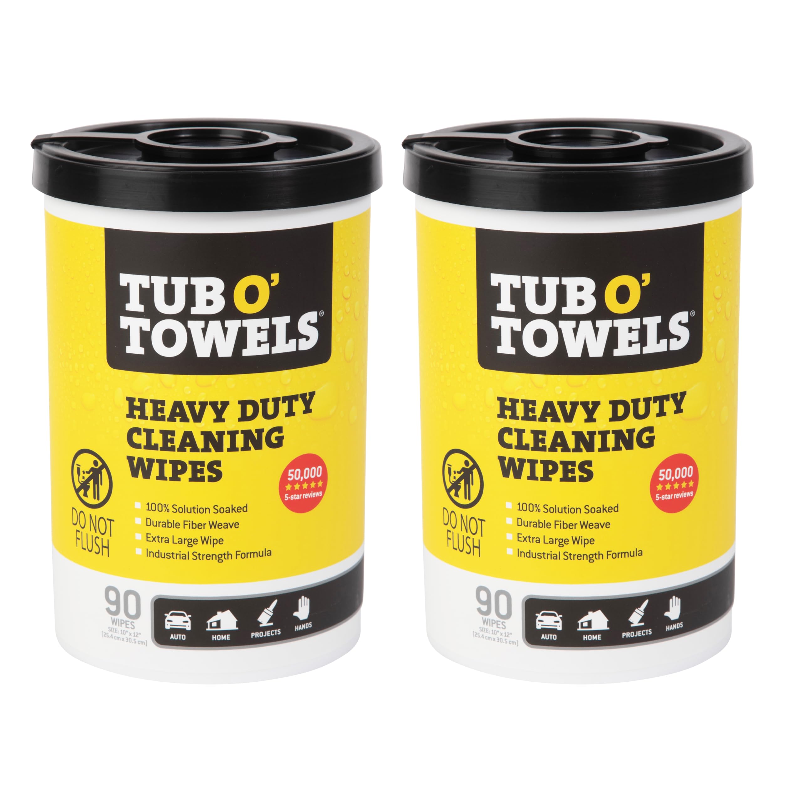 Tub O' Towels Heavy-Duty Multi-Surface Cleaning Wipes, 10" x 12", 90 Count Canister, Removes Grease, Grime, Tough Stains, Durable Disposable Wipes for Home, Garage, Outdoor Cleaning Tasks, 2-Pack