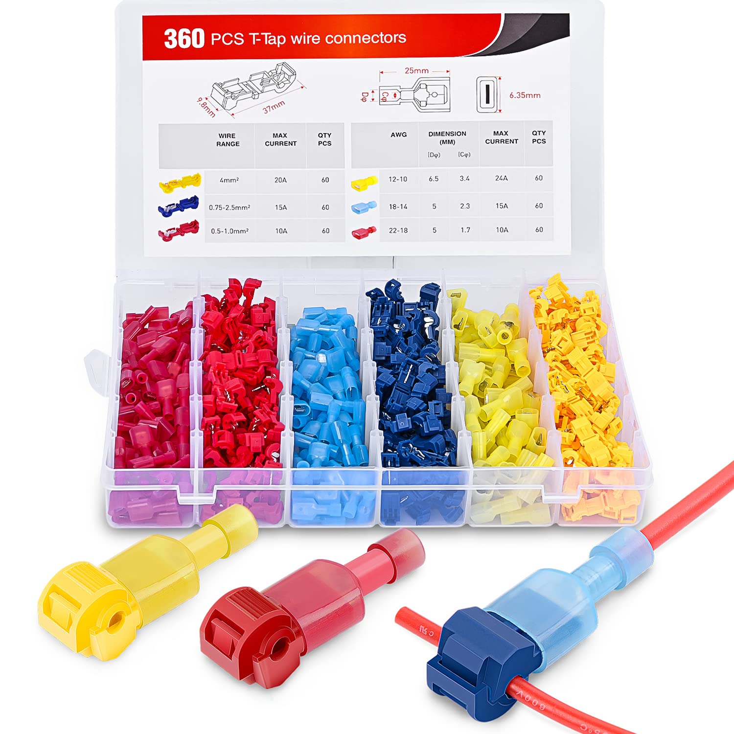 Nilight 360PCS T-Tap Wire Connectors Self-Stripping Quick Splice Terminals | Electrical Insulated Solderless for 22-18AWG 18-14AWG 12-20AWG Wires for Automotive Wiring Projects