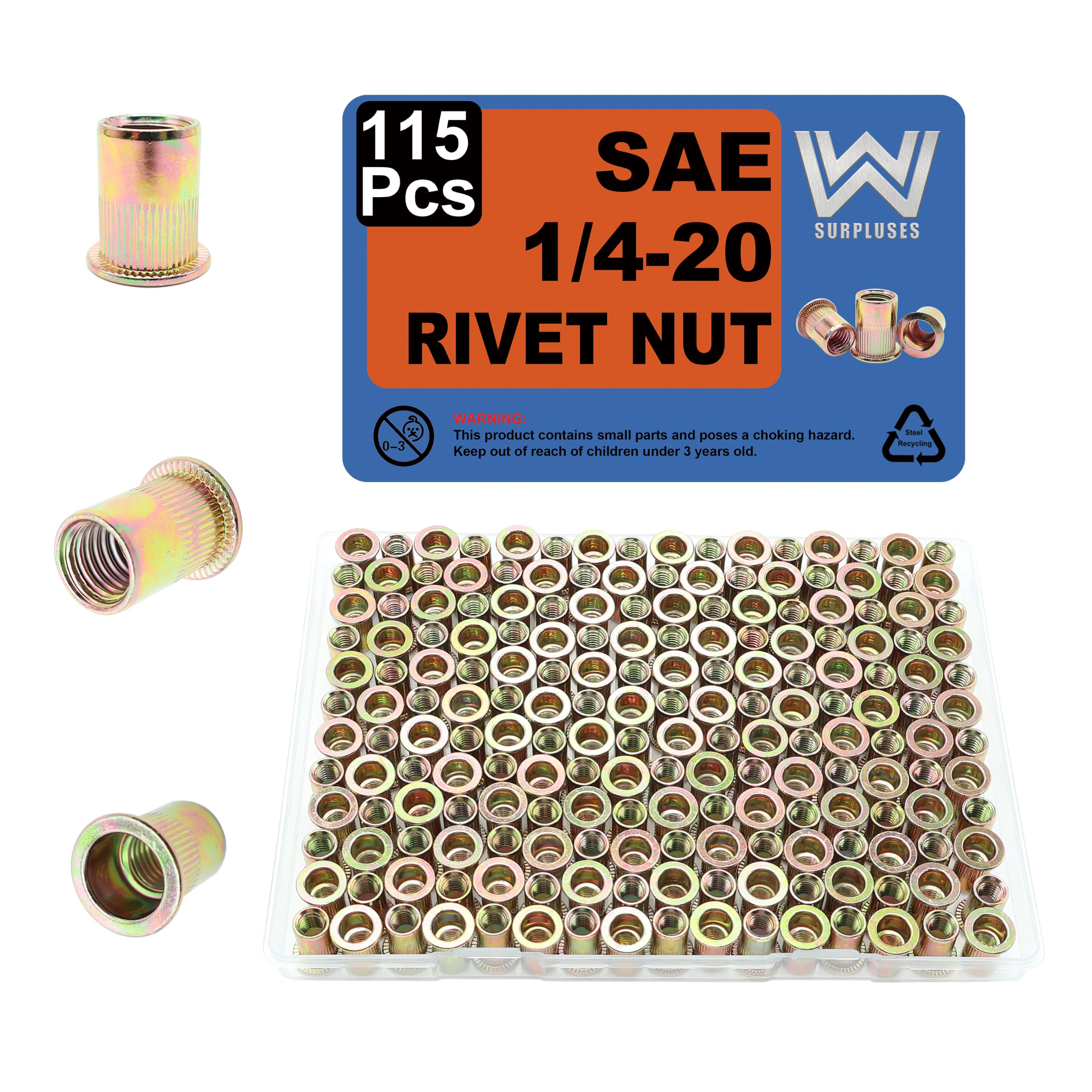 115Pcs 1/4-20 Rivet Nut, SAE Rivnut Nutserts, Threaded Inserts for Metal