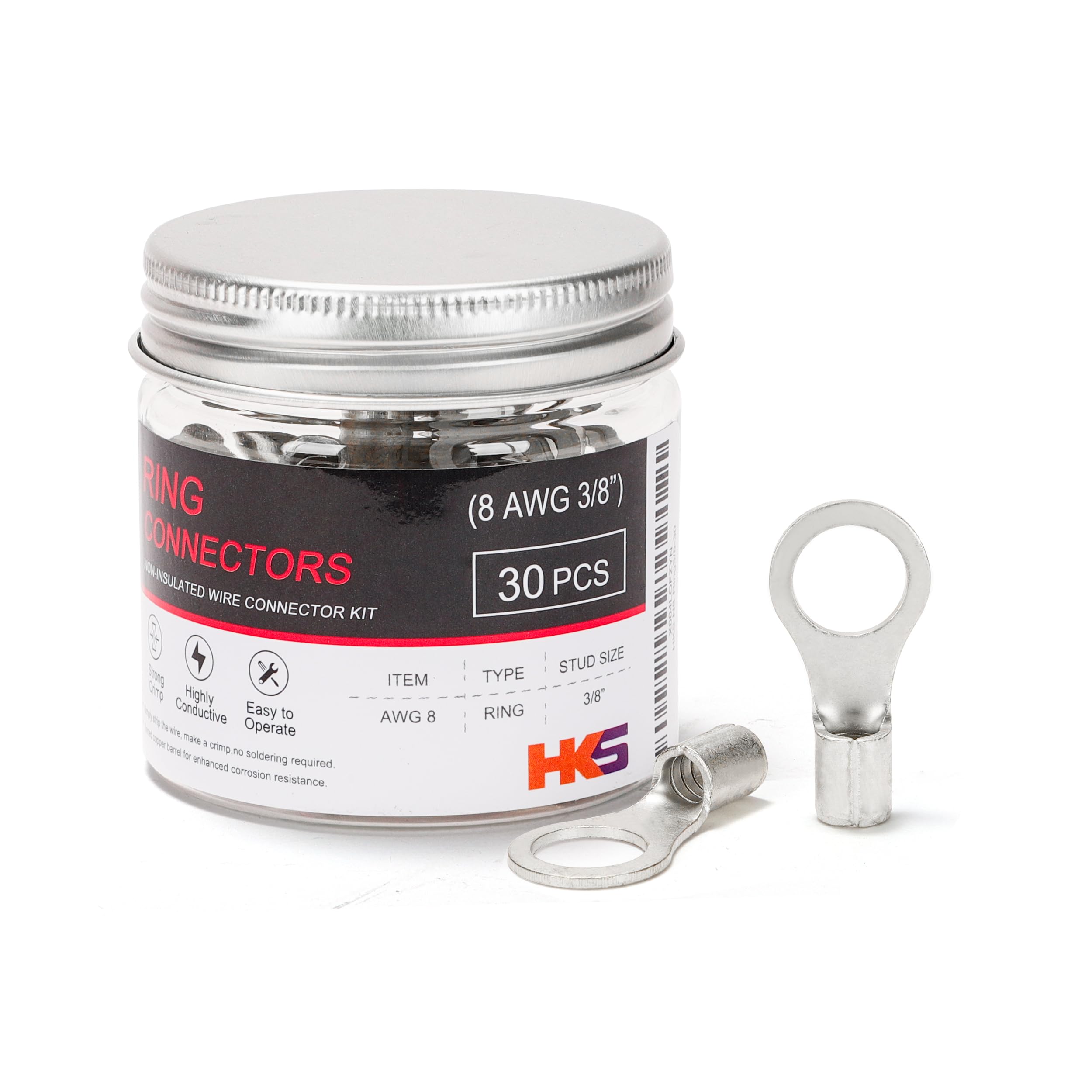 HKS 30PCS Non-Insulated Ring Terminals, 3/8” Stud, AWG 8 (6-10mm²) Tinned Red Copper Crimp Connectors, M10 Bolt Size, Uninsulated Wire Lugs for Electrical Wiring & Automotive Applications
