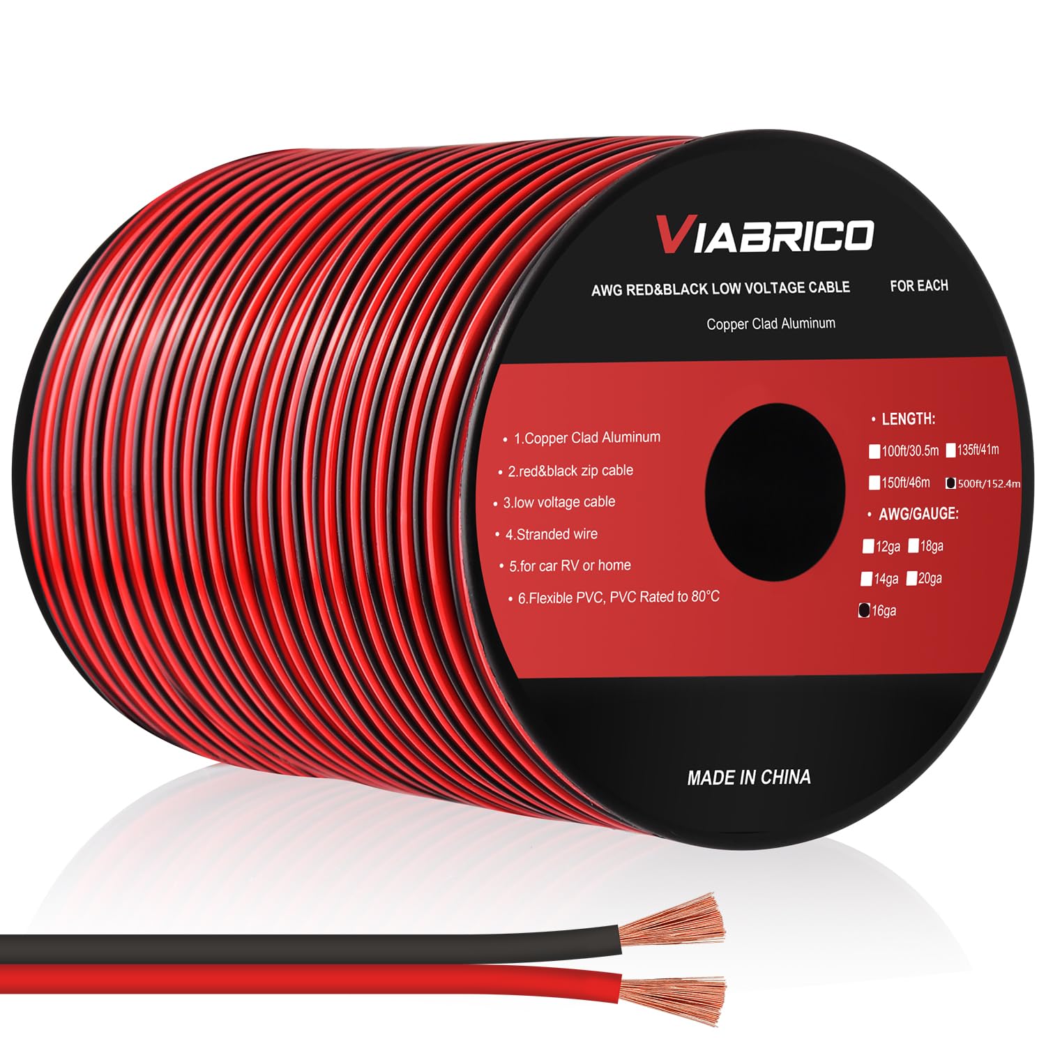 VIABRICO 500FT 16 Gauge Wire, 16AWG Automotive Wire 2 Conductor 12V Cable