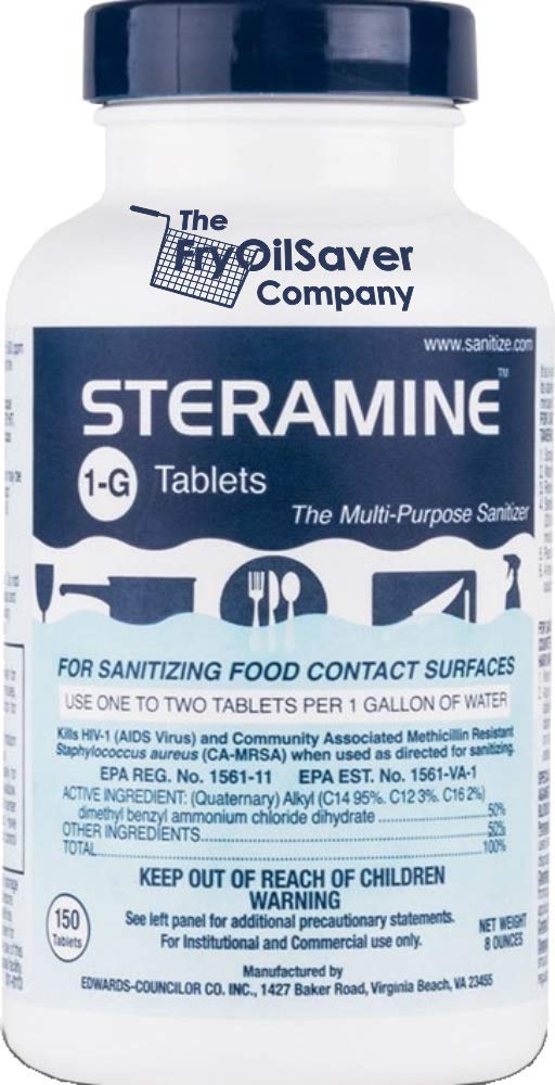 1 Bottle Steramine Sanitizer Tablets - Multi Purpose Sanitizing Tablets for Food Contact Surfaces in Kitchen, Diners, Hotels, Restaurants & Commercial Use by FryOilSaver Co. (150 Count)