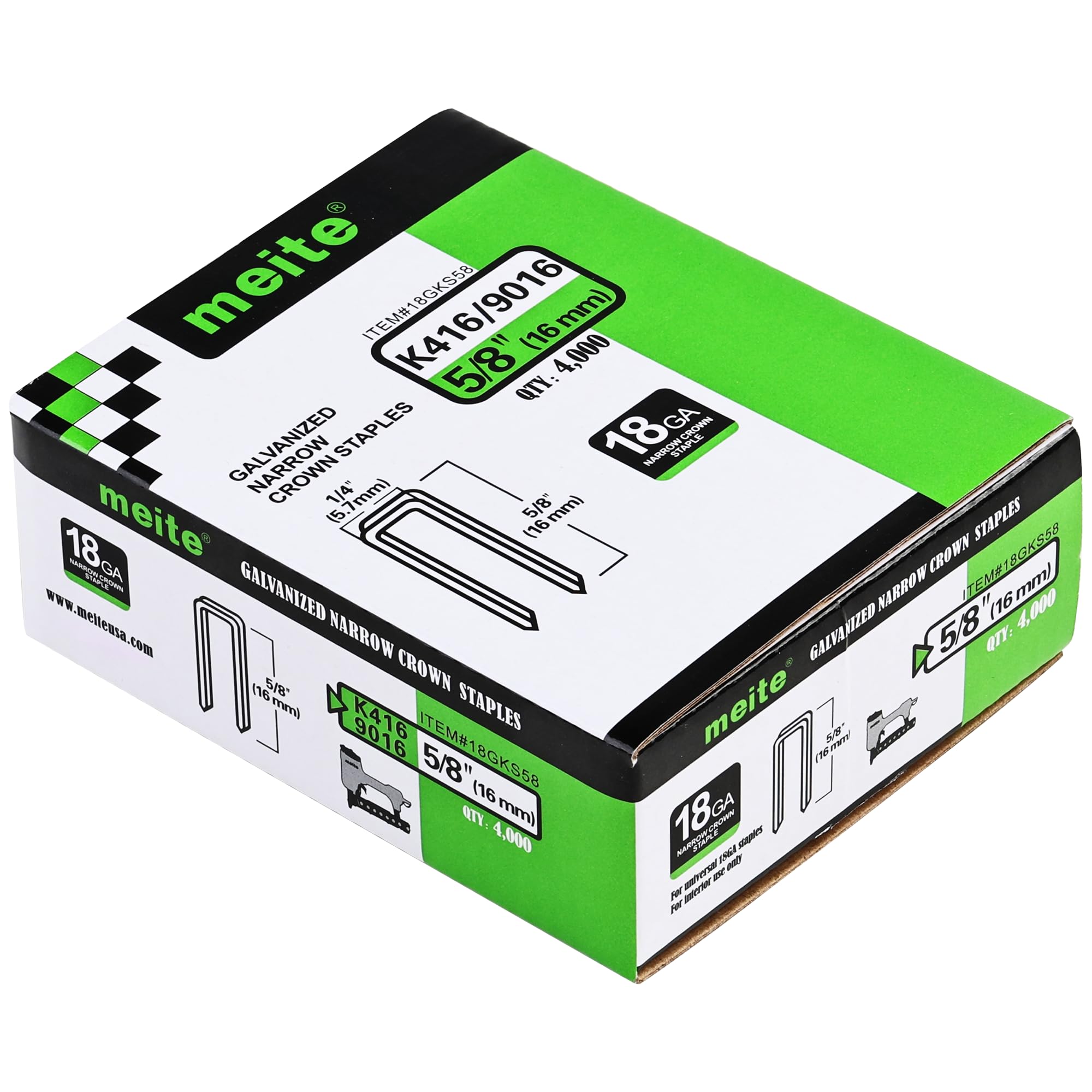 meite 18 Gauge 1/4-Inch Narrow Crown Staples, 5/8-Inch Length Heavy Duty Galvanized Upholstery Staples for Electric or Pneumatic Narrow Crown Staple Guns (4,000 PCS)