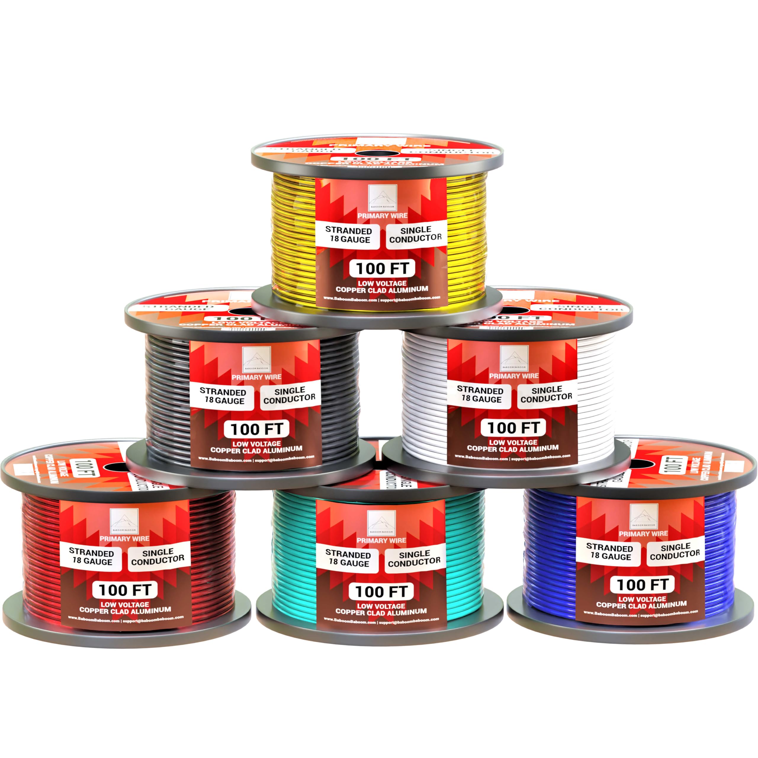 18 Gauge Wire Combo 6 Pack (600ft Total) 100ft Per Roll, 12V Low Voltage Automotive and Electrical Cable, Copper Clad Aluminum (CCA)