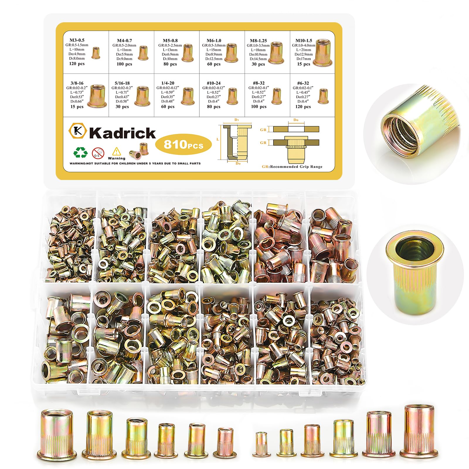 KADRICK 810PCS SAE & Metric Rivet Nut Kit, 6-32 to 3/8-16, M3-M10