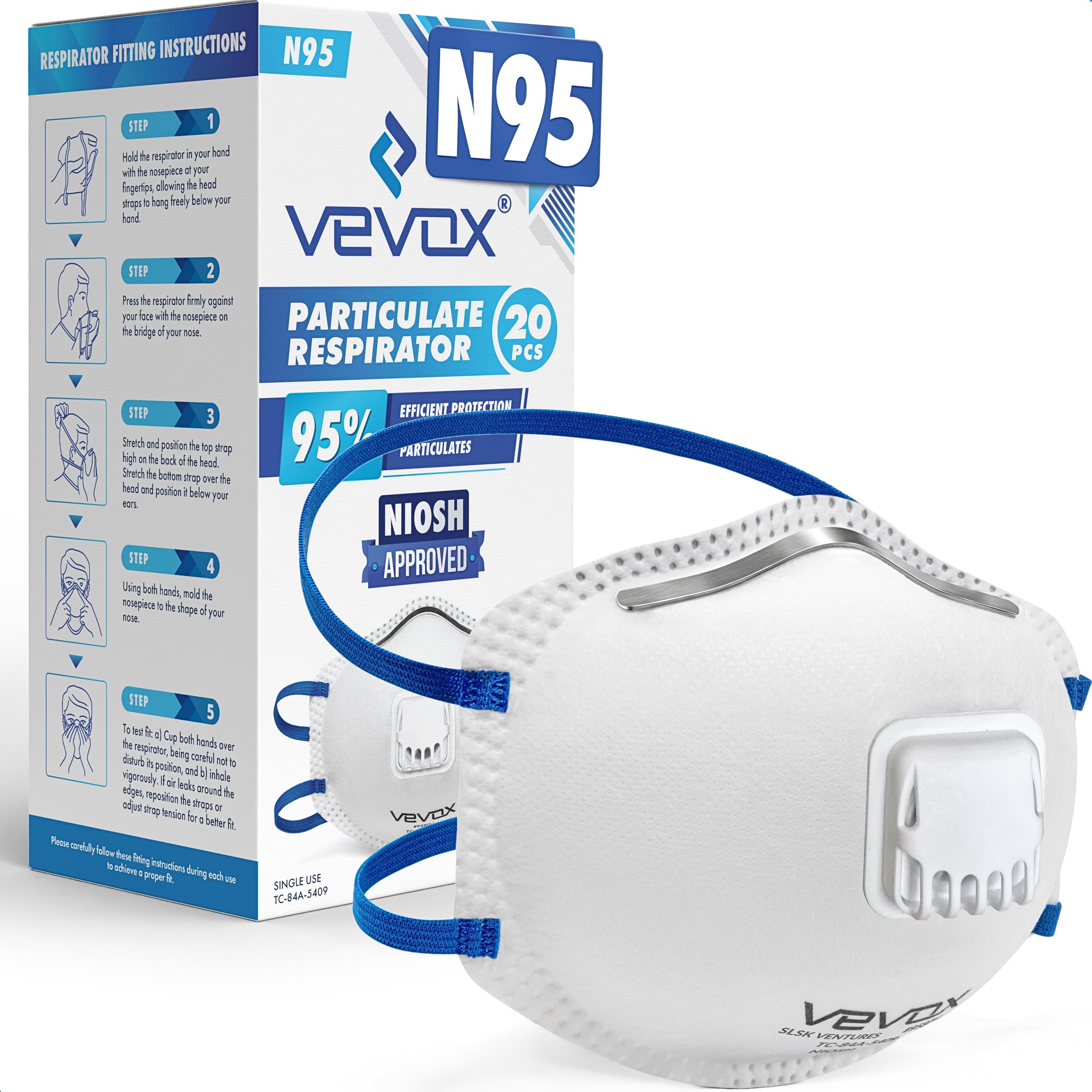 VEVOX™ N95 Masks for Adults – NIOSH Approved – 10 Pack – Valved Particulate Respirator with Comfort-Plus Seal – Dust Masks for Construction Work, Sanding, Woodworking, Mold, Drywall & Pollen