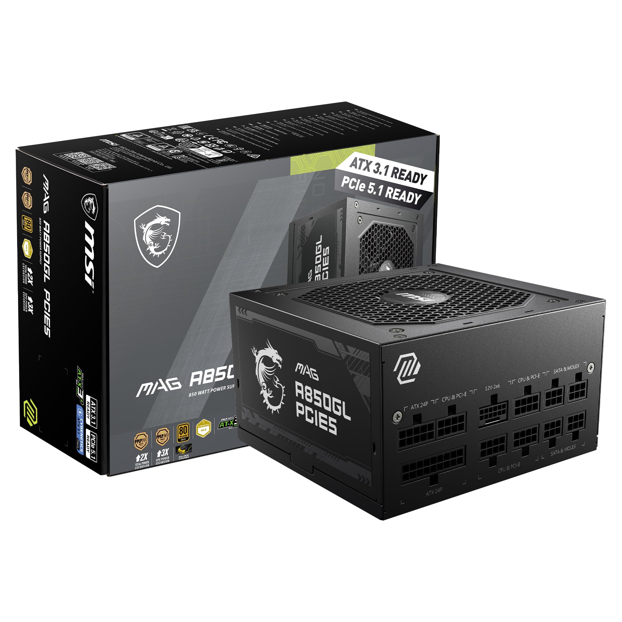 MSI MAG A850GL PCIE5, Fully Modular Compact Gaming 850W Power Supply, 80+ Gold, ATX 3.1 & PCIe 5.1 Ready, Native Dual-Color 12V-2x6 Cable, 10 Year Warranty