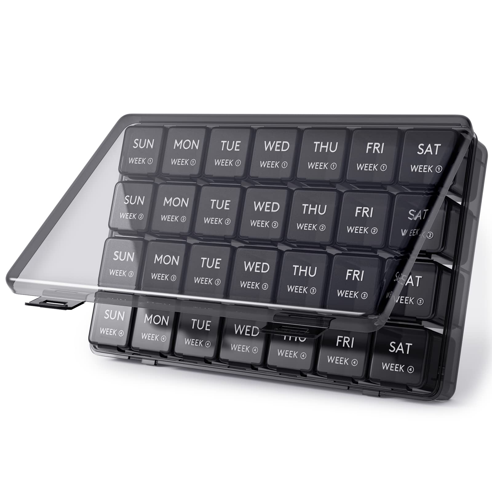 Lifewit Monthly Pill Organizer, 28 Day Pill Box, 4 Weeks One Month Vitamin Cases, Large Compartments Medicine Organizer for Fish Oils, Supplements, 28 Grids, Black