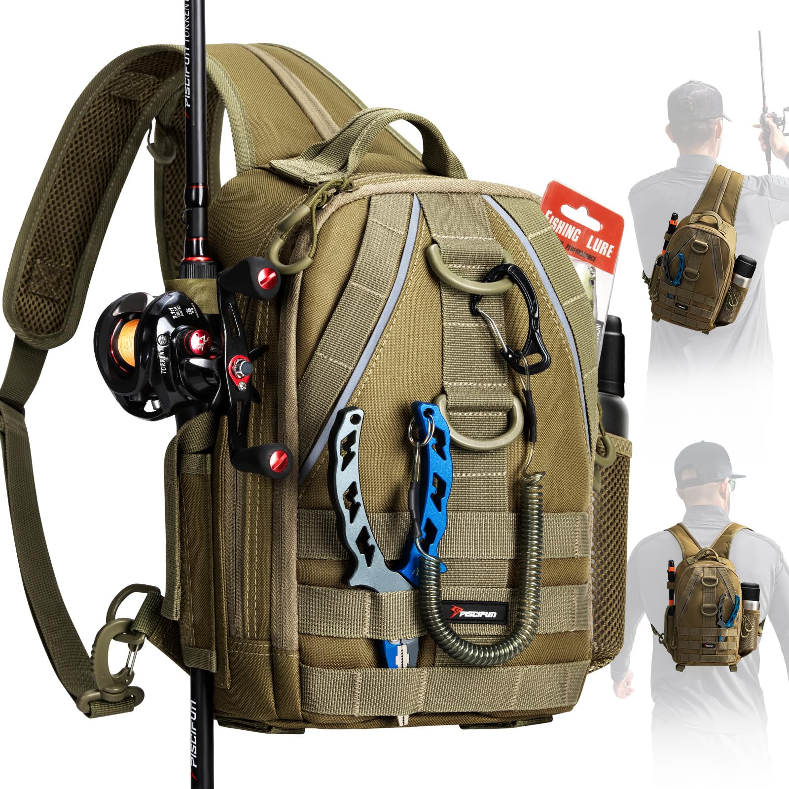 Piscifun Fishing Backpack with Rod Holder, Lightweight Sling Bag Storge Gear and Equipment, Khaki, Urban, Standard