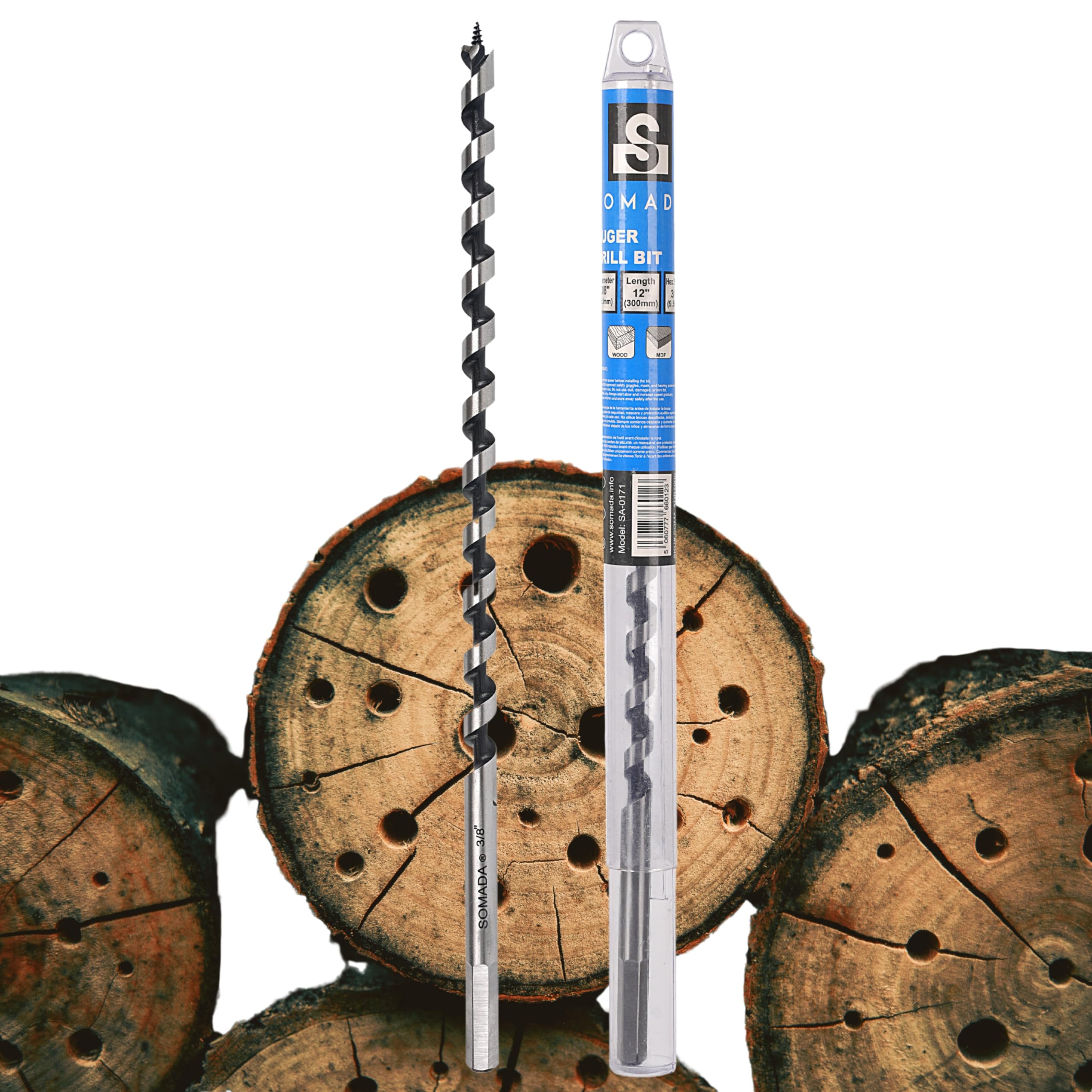 SOMADA 3/8 in x 12 in Auger Drill Bit, Hex Shank, Wood, Drywall