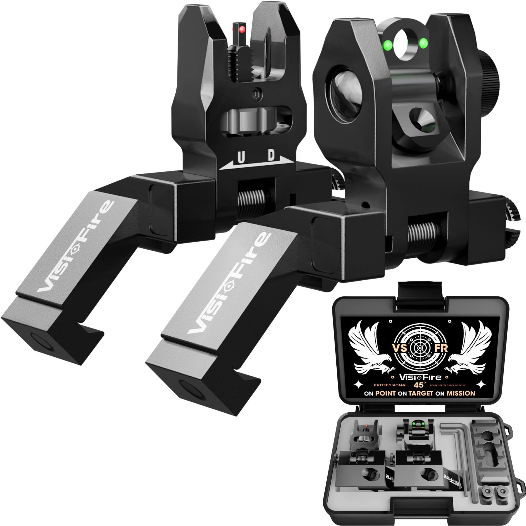 Visiofire 45 Degree Offset Iron Sights| Flip Up Fiber Optic Sights with Red Green Dots| Tool-Free Adjustable Back Up Canted Iron Sights Rapid Transition