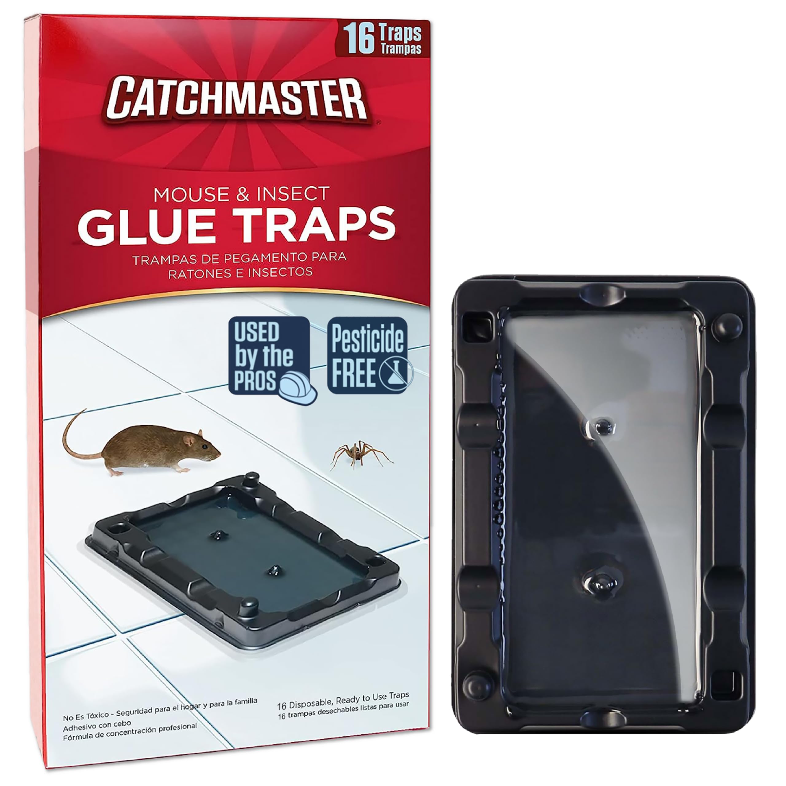 Catchmaster-16 Mouse & Insect Glue Traps, Heavy-Duty Pesticide-Free Sticky Mouse Traps Indoor for Home, Used by the PROs, Adhesive Rodent & Bug Catcher, Pest Control for House & Garage