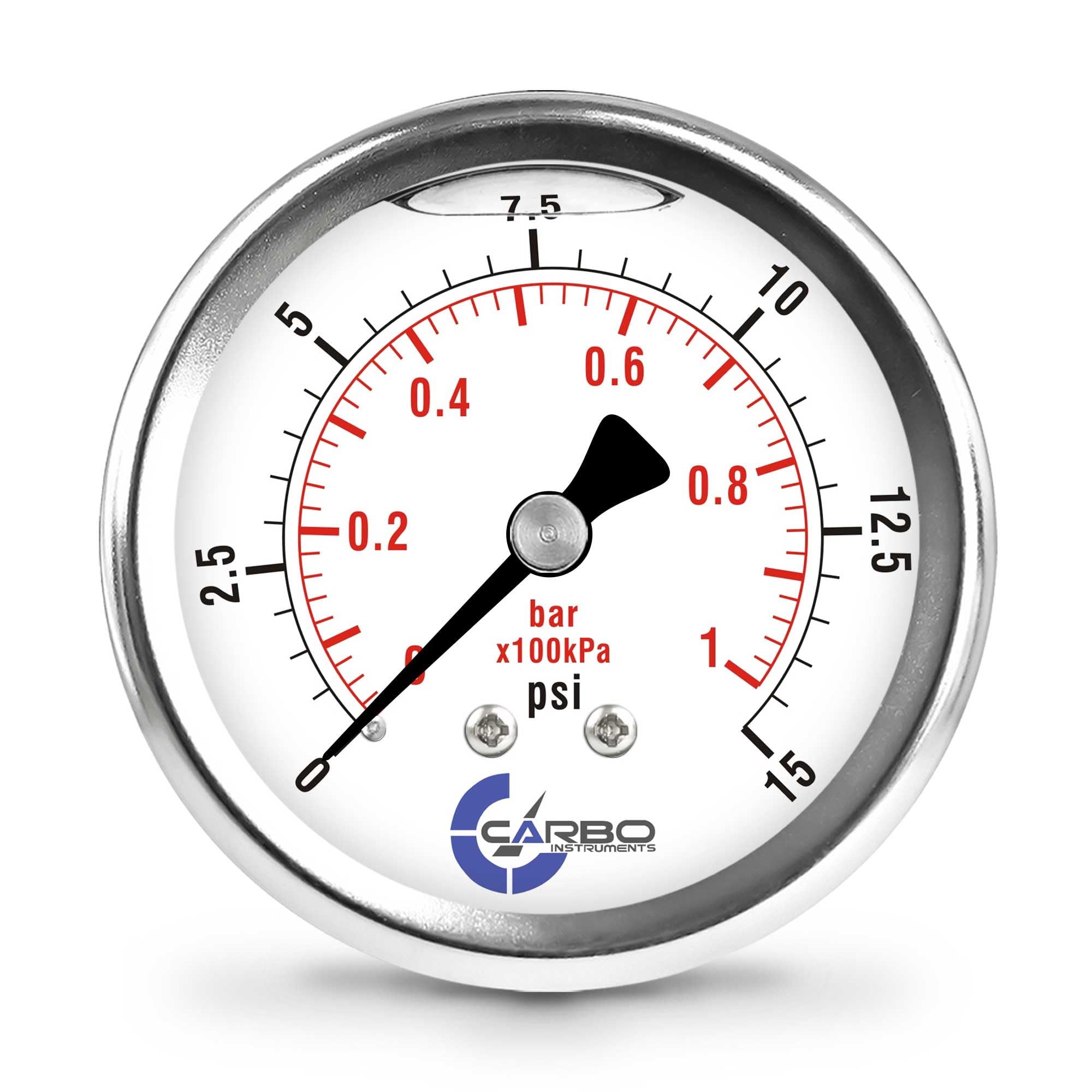 CARBO Instruments 15 PSI Glycerin Liquid Filled Pressure Gauge, 2.5" Dial, 1/4 NPT Back Mount, 304 Stainless Steel Case, Brass Wetted Parts, Dual Scale PSI/Bar - ASME B40.1 Grade A
