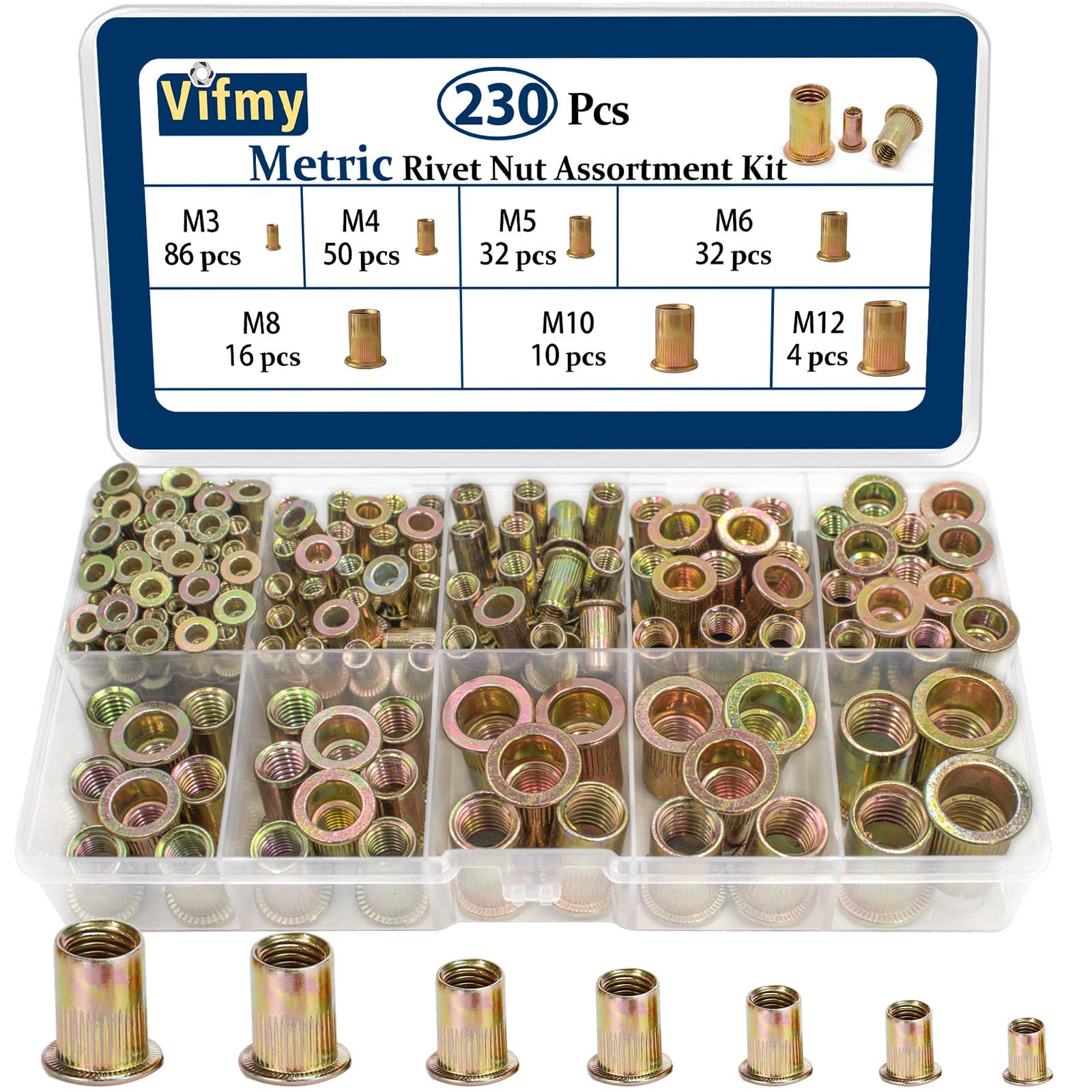 Vifmy Metric Rivet Nut Assortment Kit,230Pcs M3-M12 Rivnuts Zinc Plated