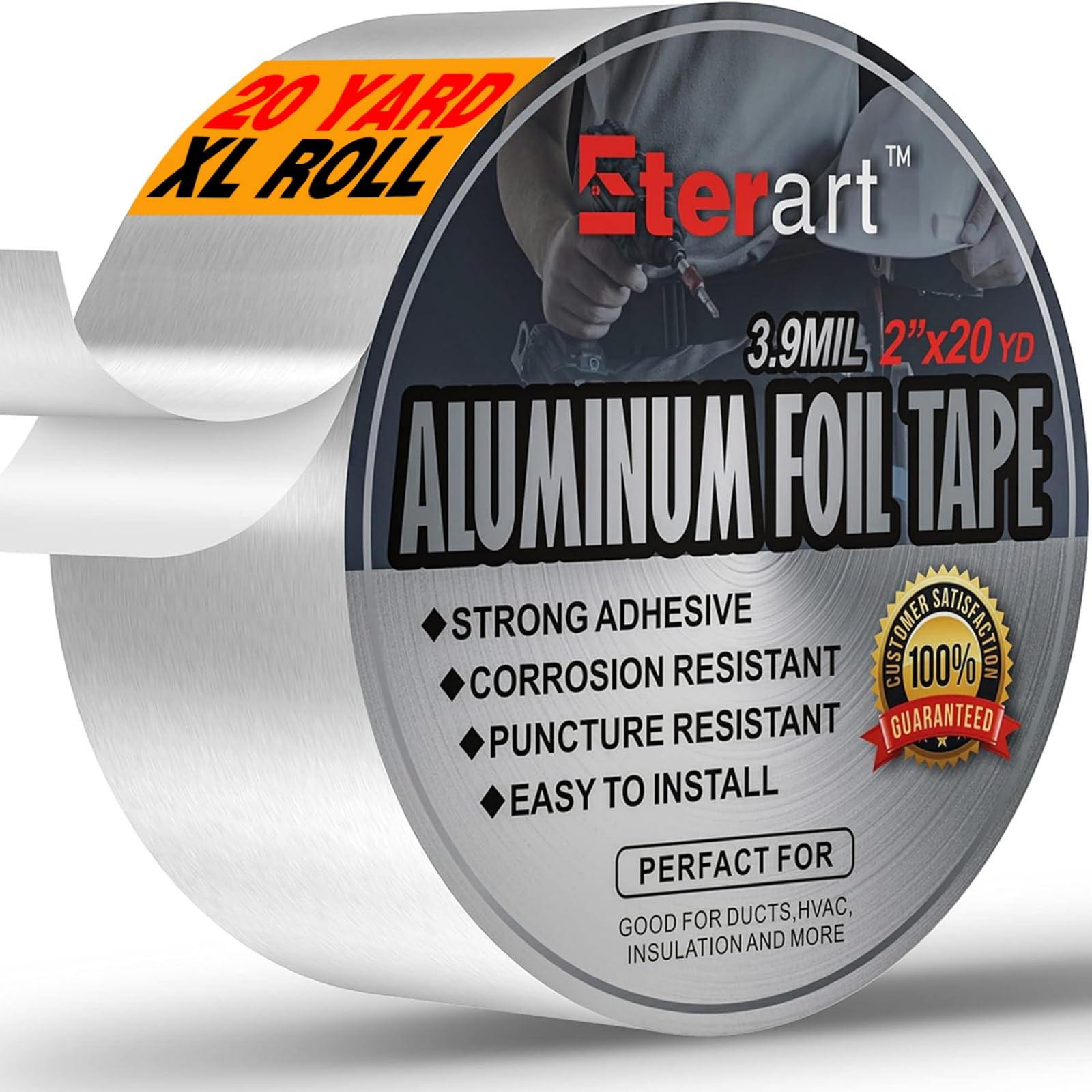 ETERART Heavy-Duty Aluminum Foil Duct Tape - 2" x 20 Yds, High-Temp Seal for HVAC, Dryer Vents & Insulation, Stops Air Leaks & Resists Extreme Heat for Home Repair, Silver