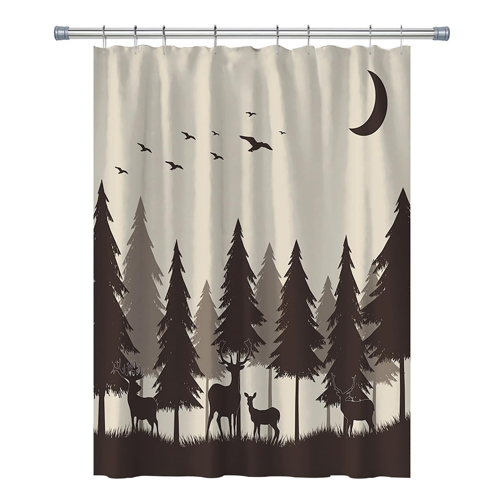 RV Shower Curtains Forest Mountain Happy Camper, Cloth Fabric RV Bathroom Decor Curtain Sets with Hooks 47WX64H Inches (Grey Black)